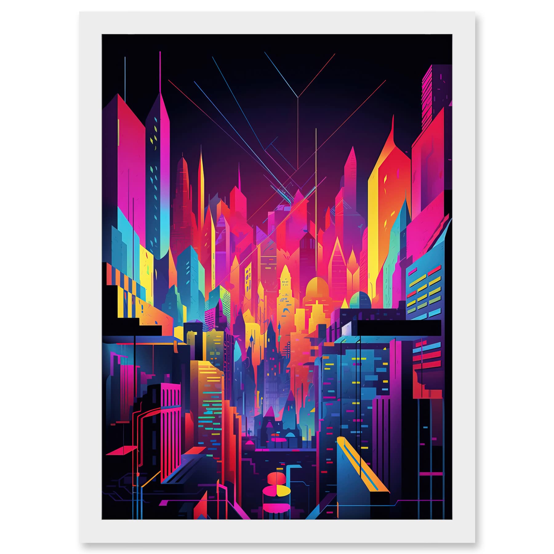 Artery8 Neon Light Colour Abstract Metropolis Cityscape at Night Modern Artwork Artwork Framed A3 Wall Art Print