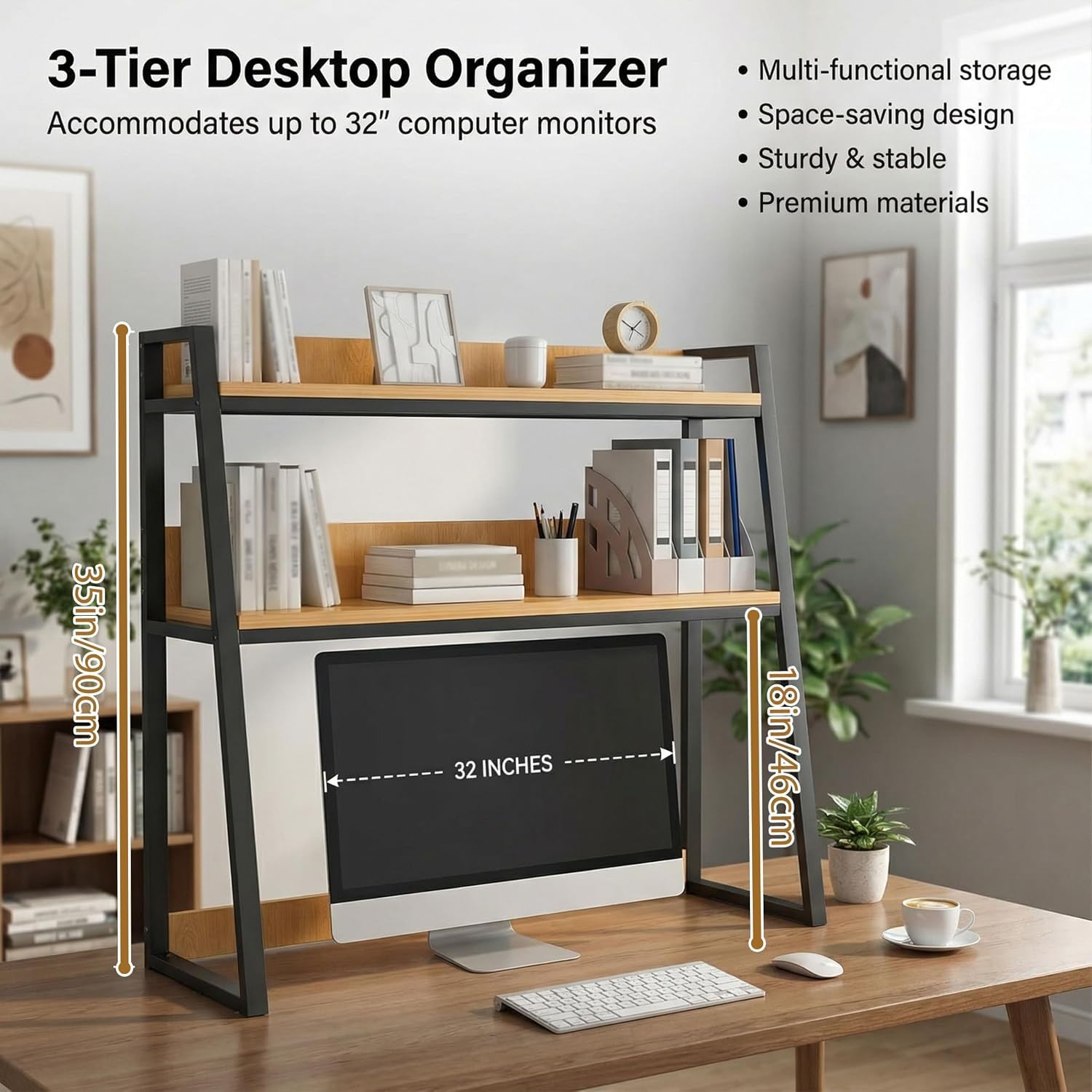 Scaffale organizer da scrivania, libreria trapezoidale a 3 livelli con struttura in metallo e ripiano in legno, scaffale salvaspazio per ufficio, dormitorio, studio, nero (75CM)