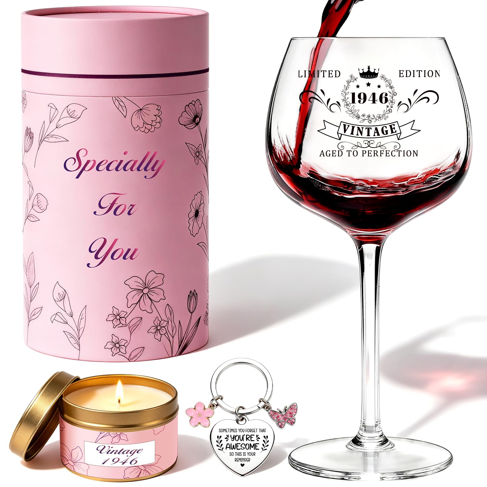 TUZELIYA 80th Birthday Gifts for Women - Vintage 1946 Engraved Wine Glass Set with Scented Candle Keychain - 80th Birthday Decorations Gift Idea for Her Wife Best Friends Sister Mum Colleague Family