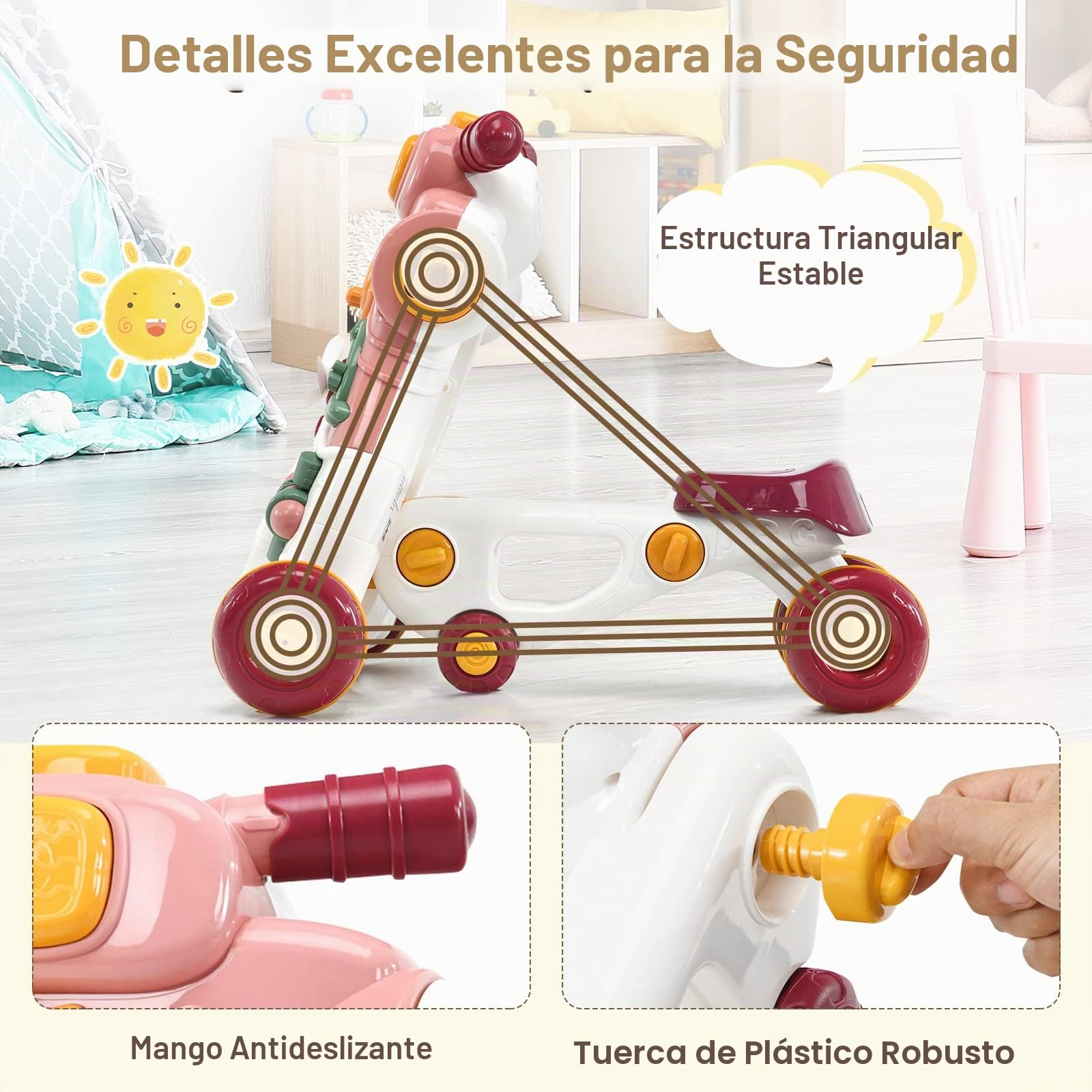 RELAX4LIFE 3 en 1 Andador Bebes Giratorio con Juguetes, Luces, Sonidos, Piano Desmontable y Ruedas de Velocidad Regulable, Correpasillos Bebe de ABS y PP para Bebés 6-36 Meses (Rosa)