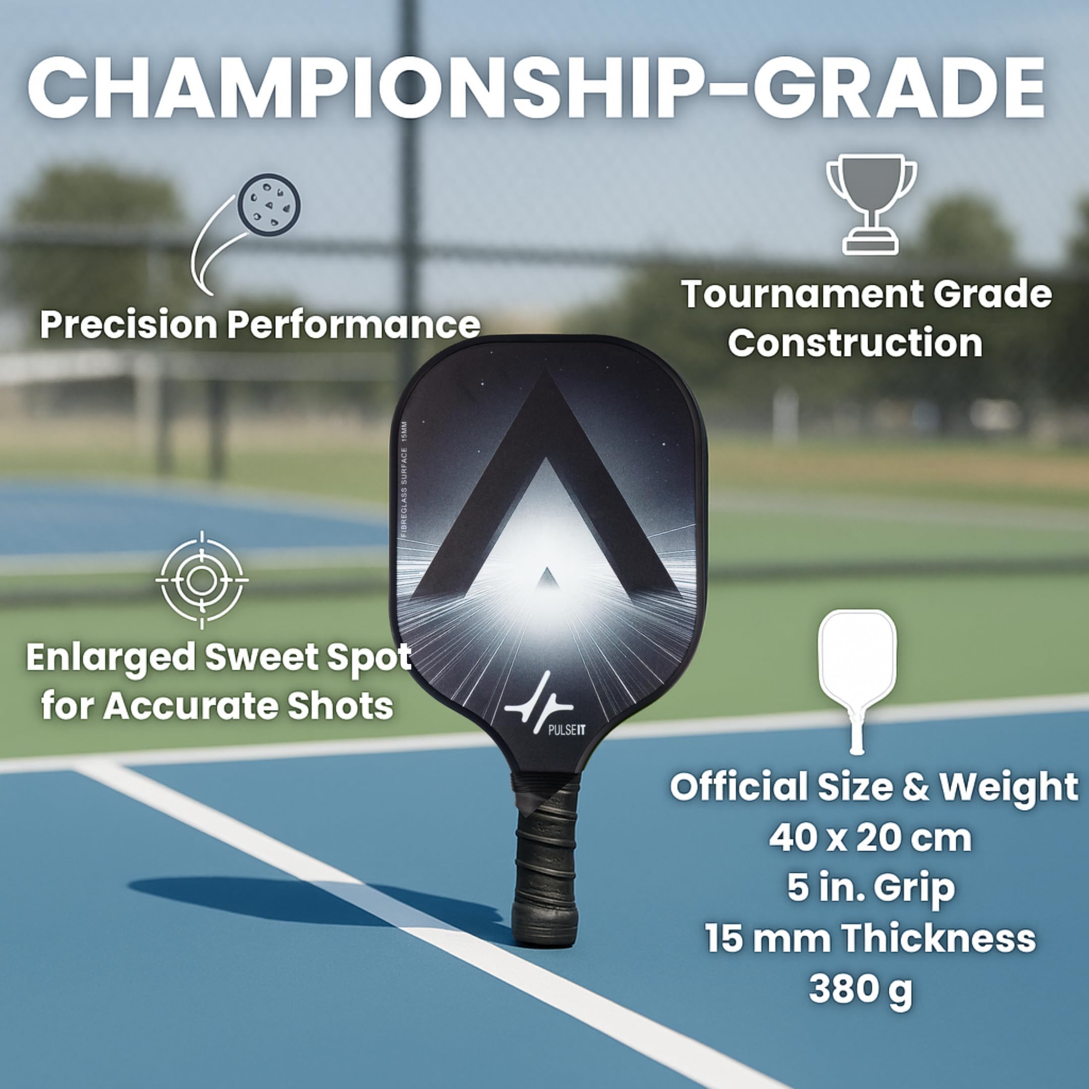 PulseIT Pickleball Paddle | 15mm Fiberglass Honeycomb Core, Lightweight & Non-Slip Grip | Indoor & Outdoor Pickleball Racket for Men & Women, All Skill Levels | Lunar Black 1
