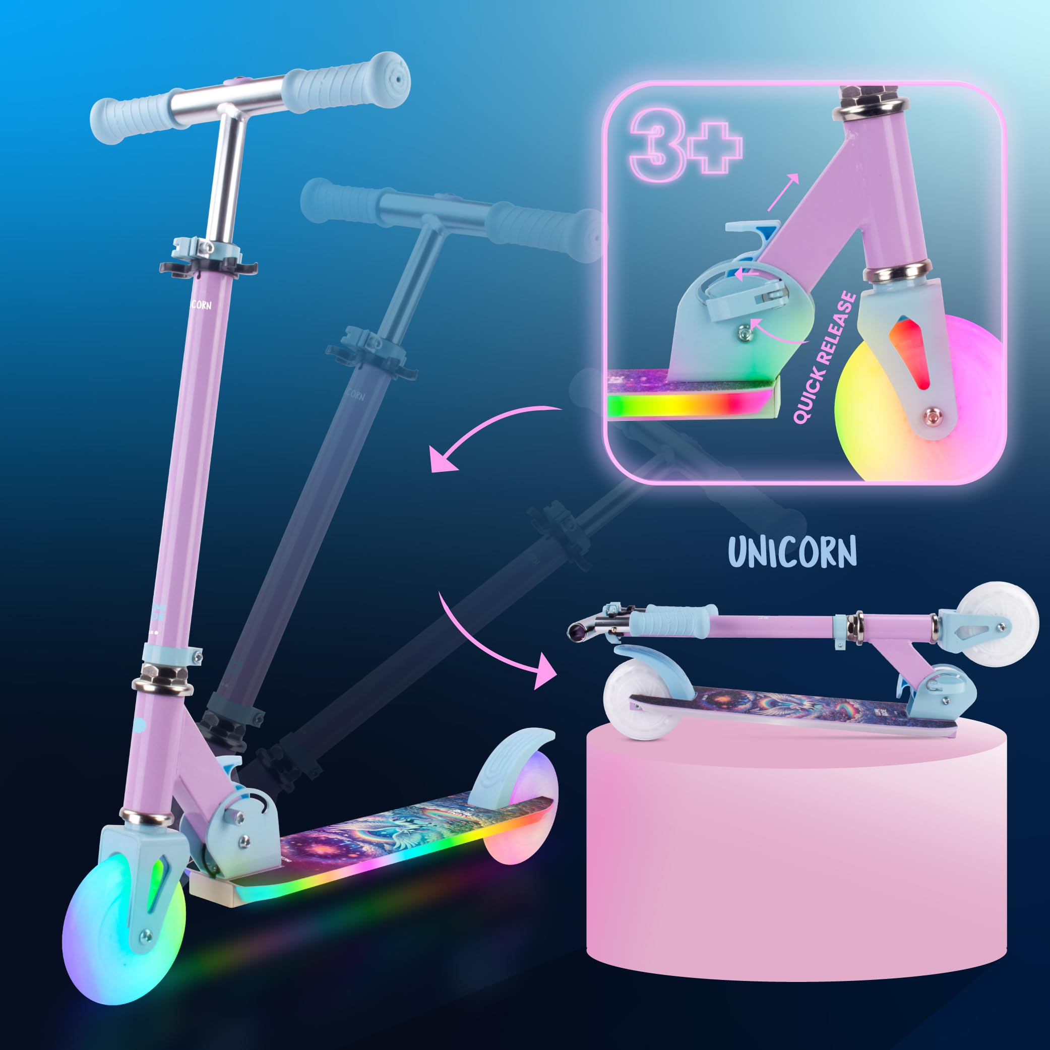 LUMI Ride Patinete Infantil 2 Ruedas LED 3+ | 7 colores, 20 programas, manillar ajustable, freno pie