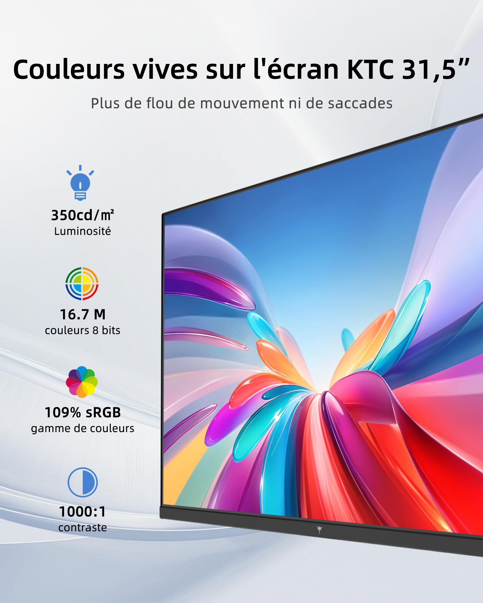 KTC Écran PC 32 Pouces, QHD 2K 2560×1440, 120 Hz OC, Blanc, Dalle IPS, 99% sRGB, 85% DCI-P3, ΔE<2, HDR10, Faible Lumière Bleue, VESA 100×100, HDMI, DP, pour Bureau, Design, Étude et Loisirs