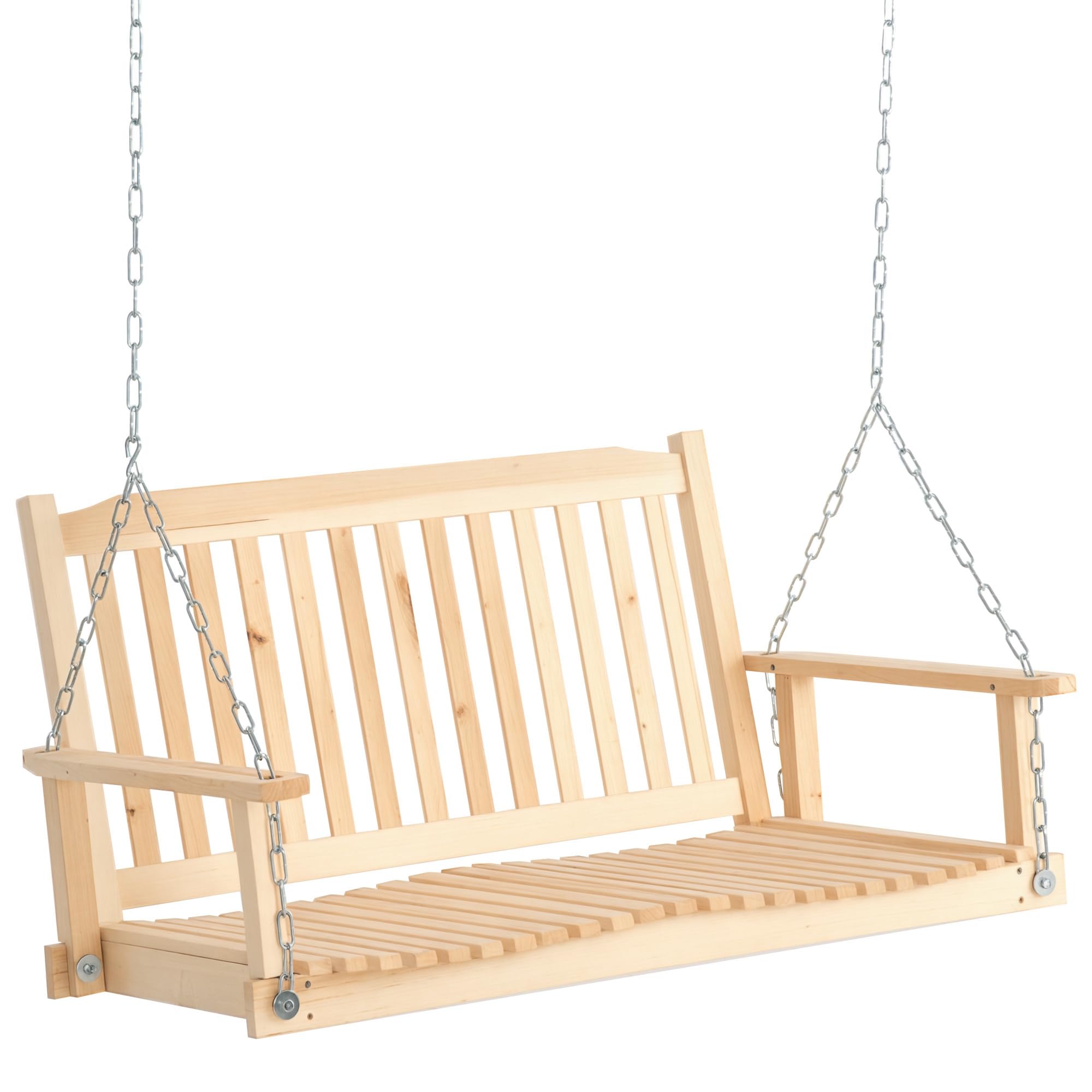 Outsunny Banco Columpio de Madera de 2 Plazas Banco Balancín Colgante con Reposabrazos Cadenas Ajustables y Diseño Listones Carga 200 kg para Jardín Terraza Balcón 117x69x60 cm Natural