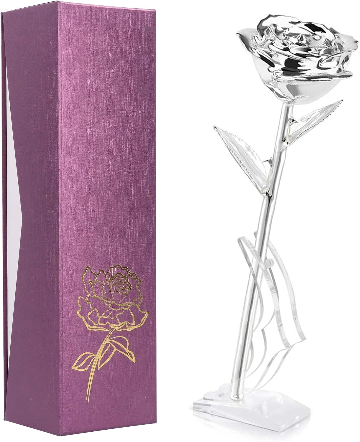 Silver Rose, Stem Silver Dipped Rose with Bracket, Sliver Flower for Wedding Decoration Ornament Wonderful Valentine's Day