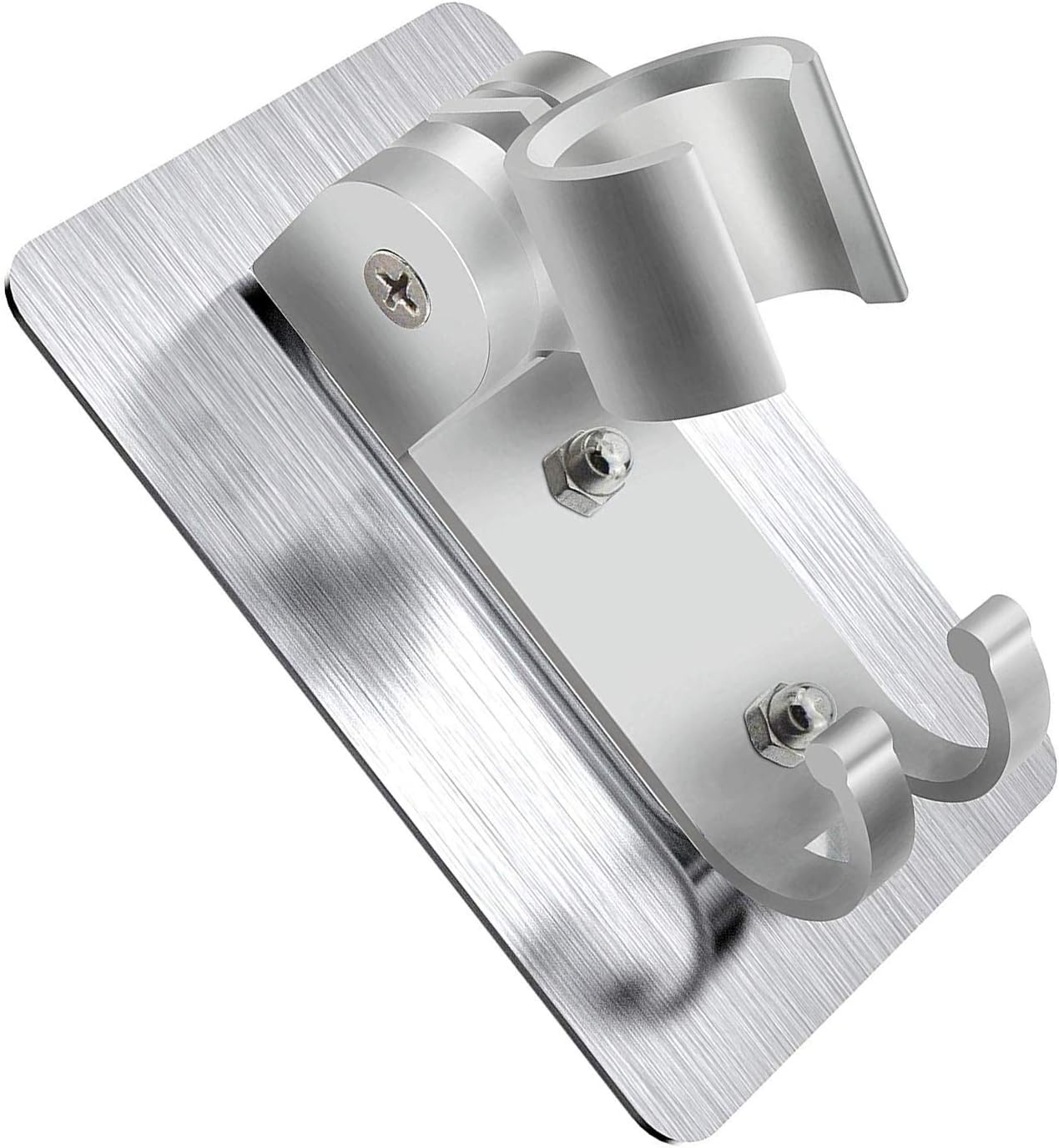 XelparucTSShower Head Holder Wall Mount Bracket with 2 Hanger Hooks, Adjustable,Super Heavy Duty, Strong Adhesive for Bathroom,No-Damage Hanging Strips,Better Than Suction Cups(Sliver)