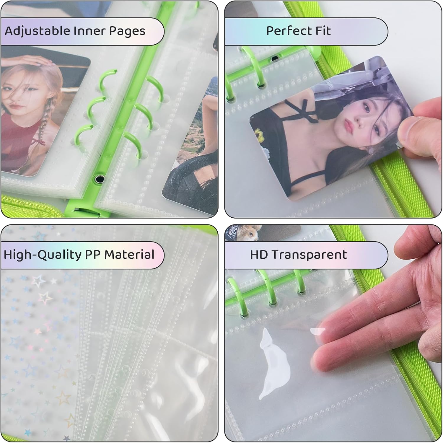A5 Photocard Binder with 25 Pake 4-Pocket Pages, 6 Ring Photocard Holder Collector Storage Album Collecting Book with 200 Pockets for Organizing Photo,Trading,Game Card Collection (Green)