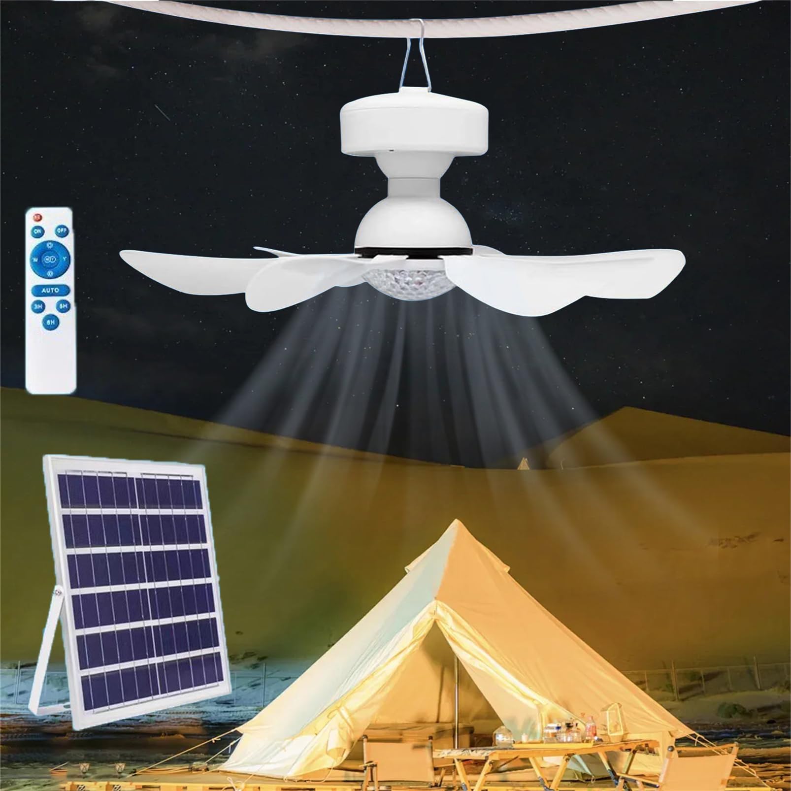 wgzixezn Solar Powered Ceiling Fan Outdoor Gazebo Camping Solar Fans Light Detachable Ceiling Fan with Remote Control Adjustable 3-Speed 3color 2 in 1 Dual-Purpose Fan with Remote Control