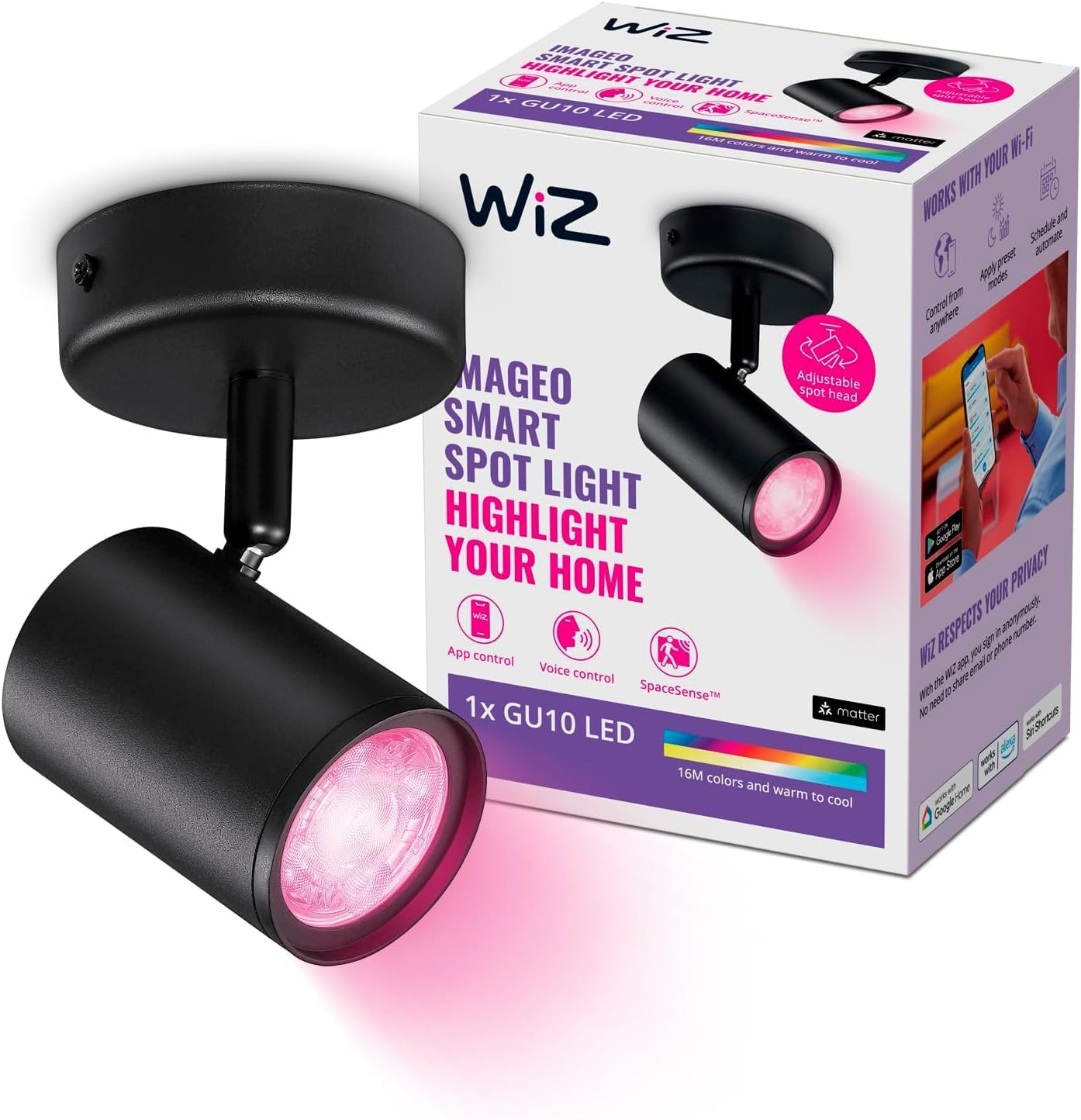 WiZ Colour Imageo Smart Connected WiFi Ceiling Light Spot Fixture. [1 Spot - Black] App Control for Indoor Home Lighting, Livingroom and Bedroom