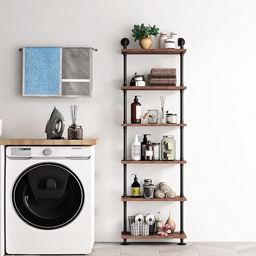 Miniatura 7 de BOSURU Estantería industrial con escalera de madera rústica, estante industrial para decoración y almacenamiento de sala de estar, estantería (solo