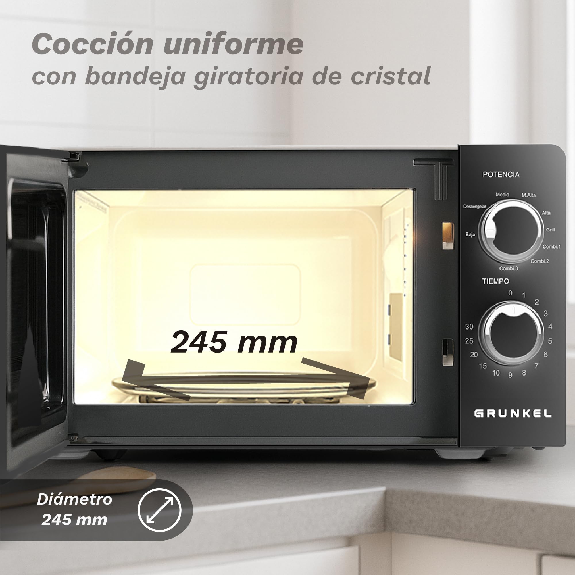 Grunkel - Kuchenka mikrofalowa 20 l i moc 700 W z 5 i 6 poziomami mocy oraz 60-minutowym timerem w kolorze białym (z grillem)