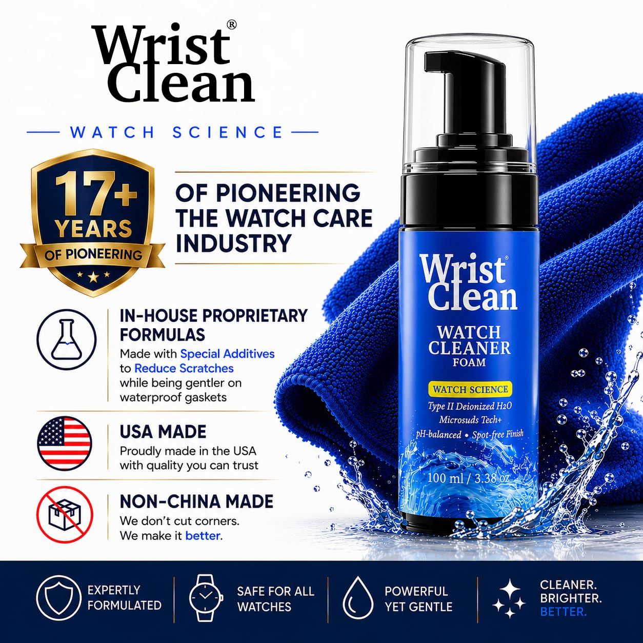 Kit di pulizia deluxe per orologi, detergente per orologi, schiuma da 50 ml e ricarica da 113,4 g, include 2 panni grandi da 25,4 x 25,4 cm, panno per la pulizia di orologi e gioielli,