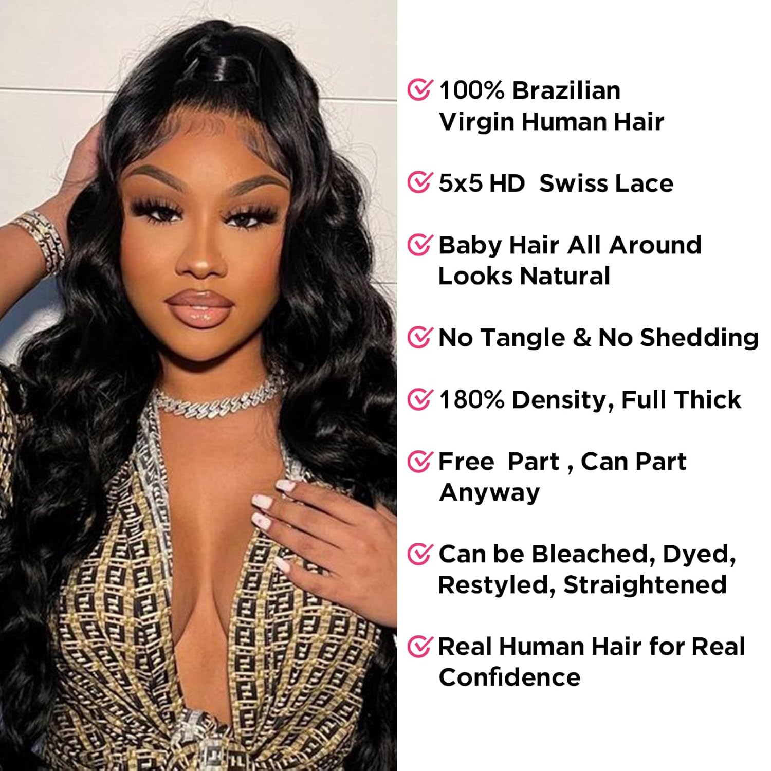 5x5 HD Lace Closure Wigs Human Hair Body Wave Lace Front Wigs for Black Women 100% Virgin Human Hair Pre Plucked with Baby Hair 180% Density Glueless Wigs Natural Black Color 24Inch