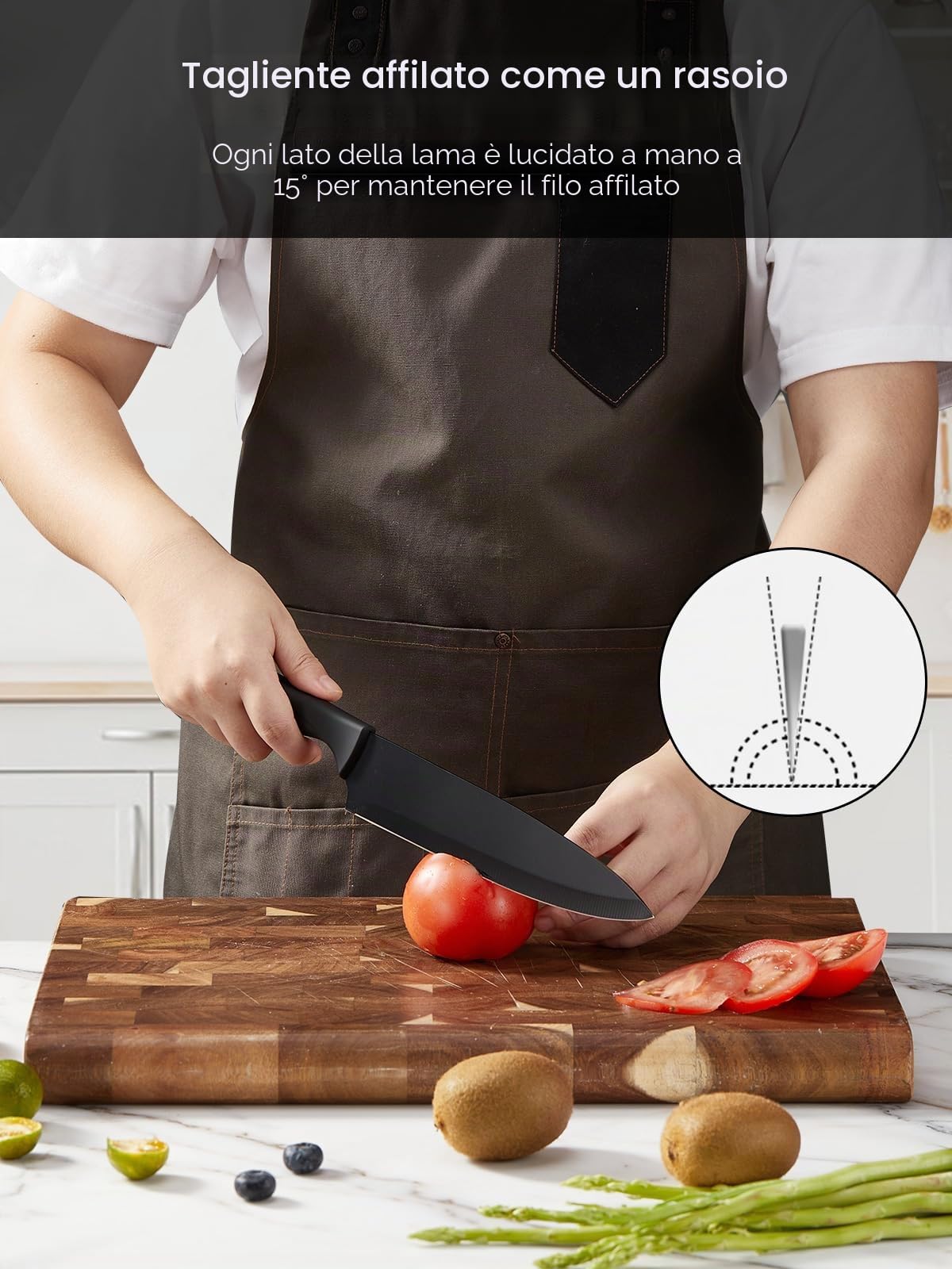 FOHERE Set di Coltelli da Cucina con Autoaffilante, 13 Pezzi, Coltelli da Cucina in Acciaio Inossidabile, Ceppo con Blocco in Plastica, Granito Nero