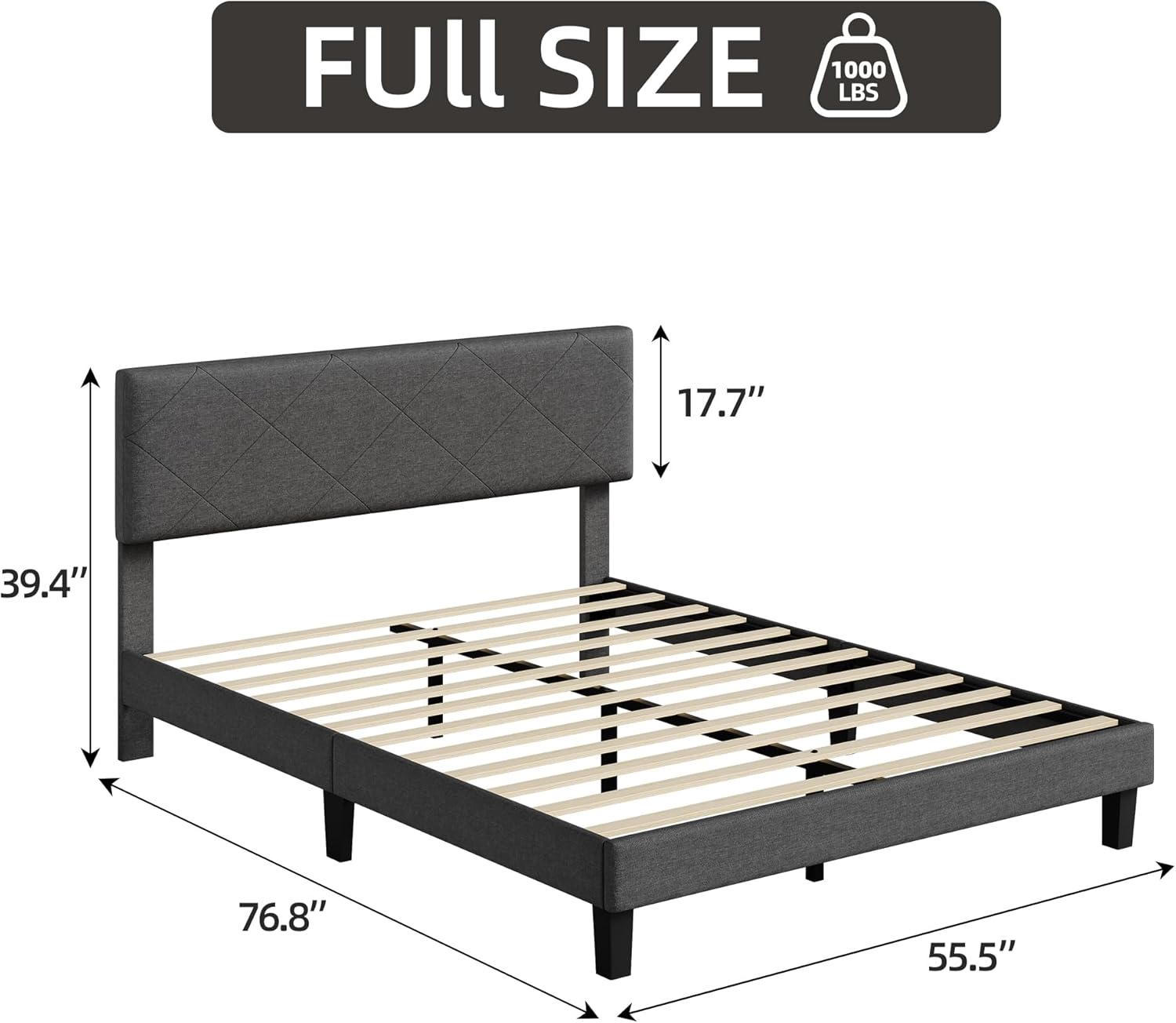 GAOMON Full Size Bed Frame with Upholstered Headboard, Linen Upholstered Platform Bed with Wooden Slat Support, Easy Assembly, No Box Spring Needed & Noise Free, Dark Grey