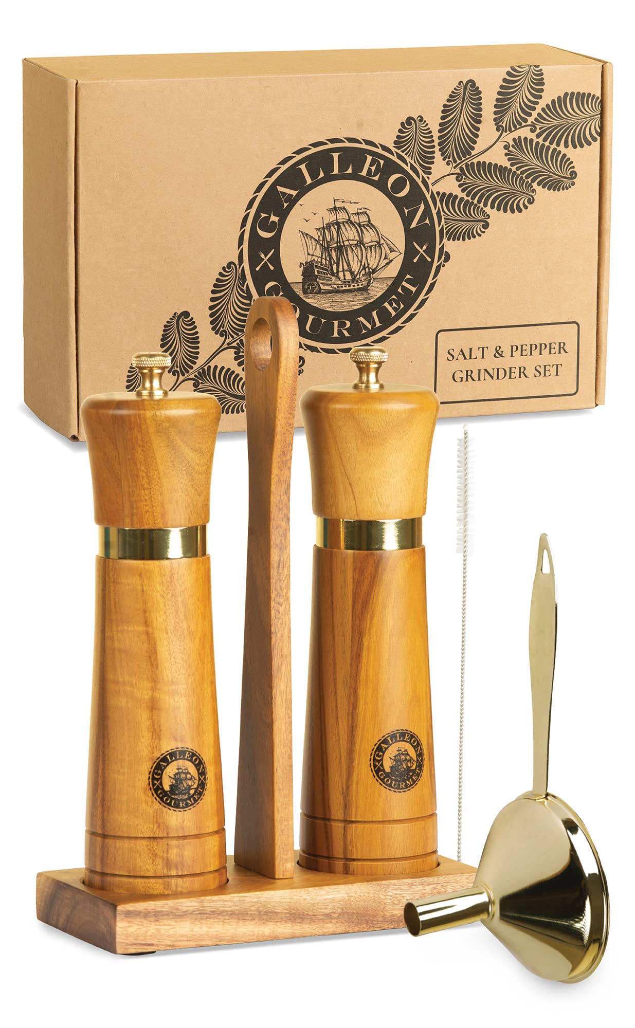 Wooden Salt and Pepper Grinder Set: Easy-Carry Stand, Refilling Funnel and Cleaning Brush: 8 Inch Acacia Wood Salt and Pepper Mills