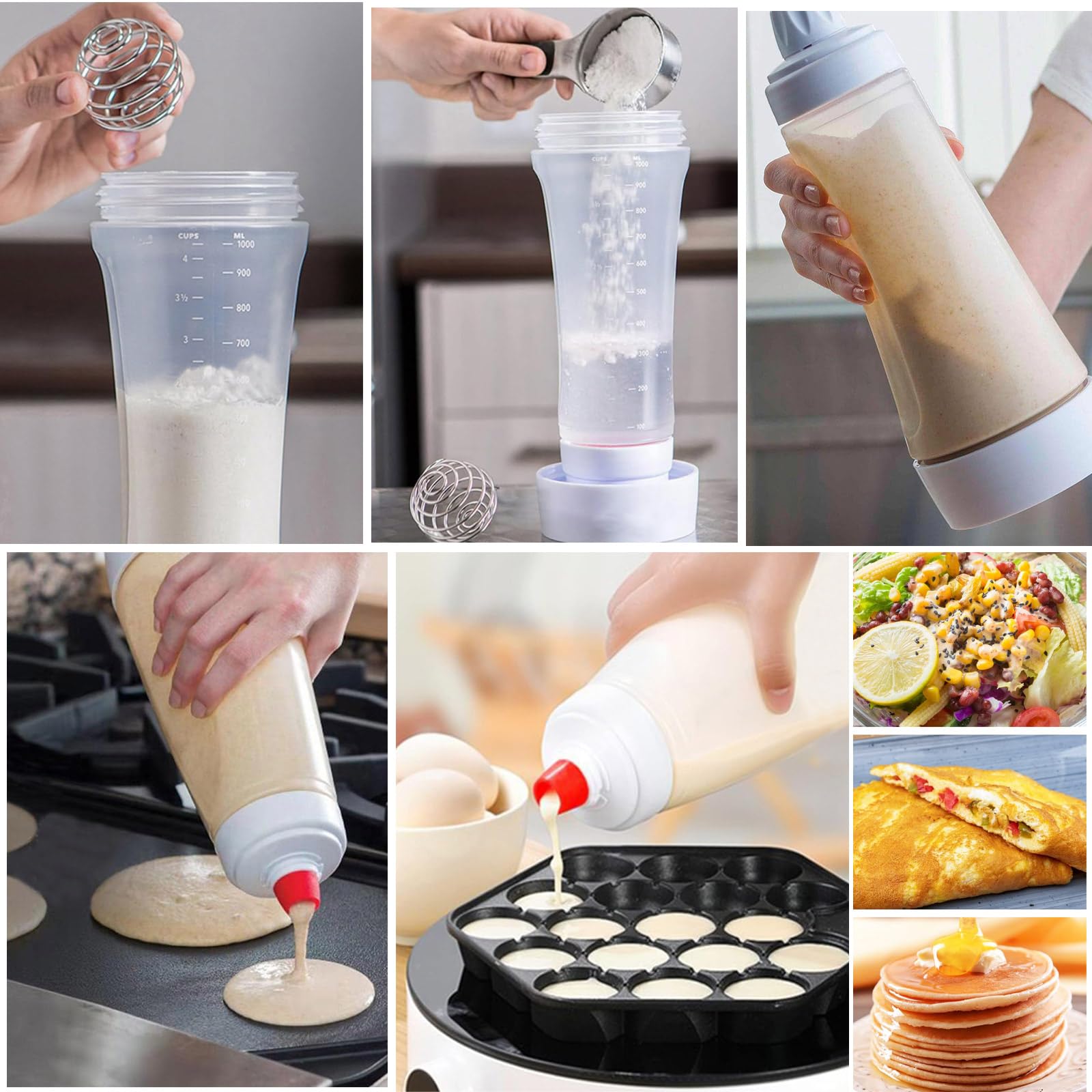 2 Stück Teigspender Quetschflasche, Pancake Mixer Bottle, Teigdosierflasche 1l, Teigflasche Pfannkuchen, Teig Mixer für Pancakes, für Poffertjes Donut Muffins Crêpe Quetschflasche Teigdosierer