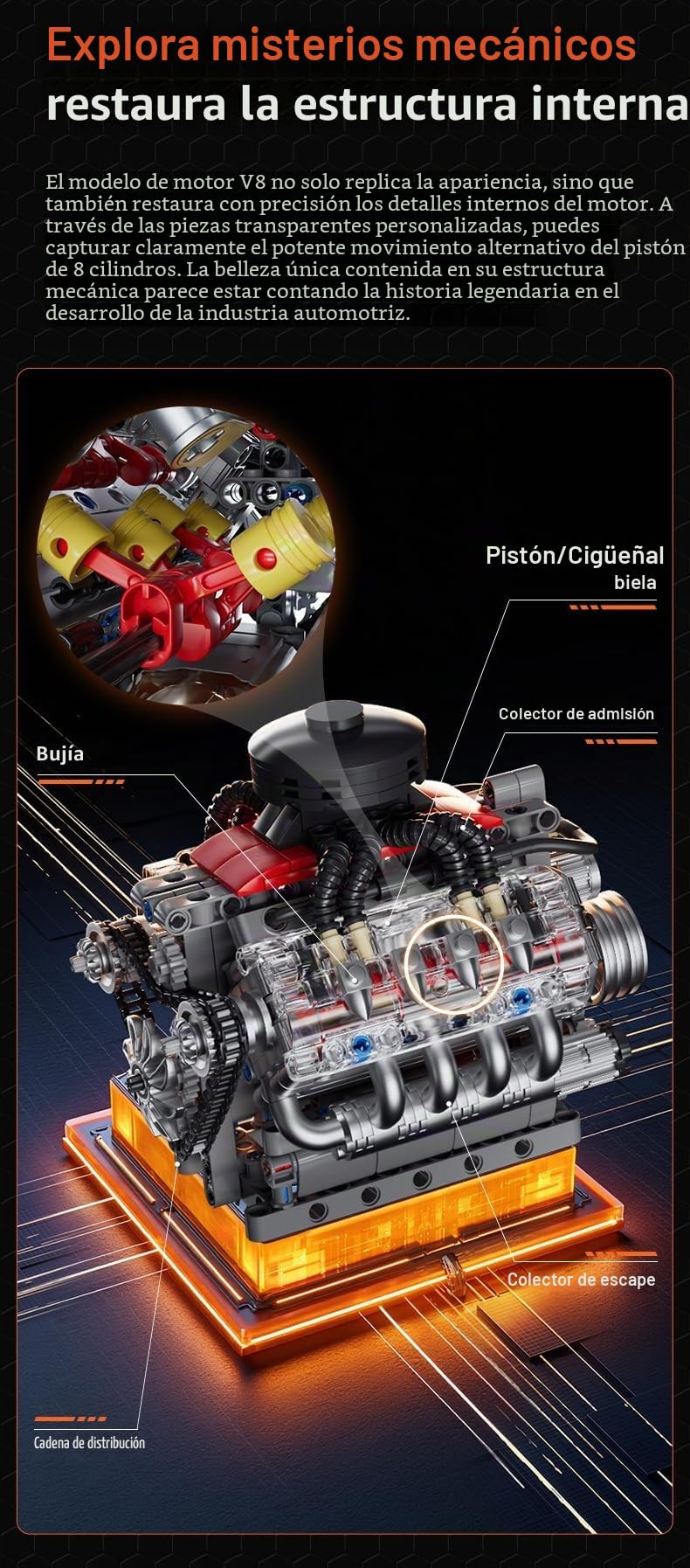 Sosuy V8 Juego de Bloques de construcción del Motor, Modelo de Motor de Funcionamiento, Juego mecánico de 487+PCS para exhibición en casa para coleccionistas, Juguetes Stem para niños, Regalo de