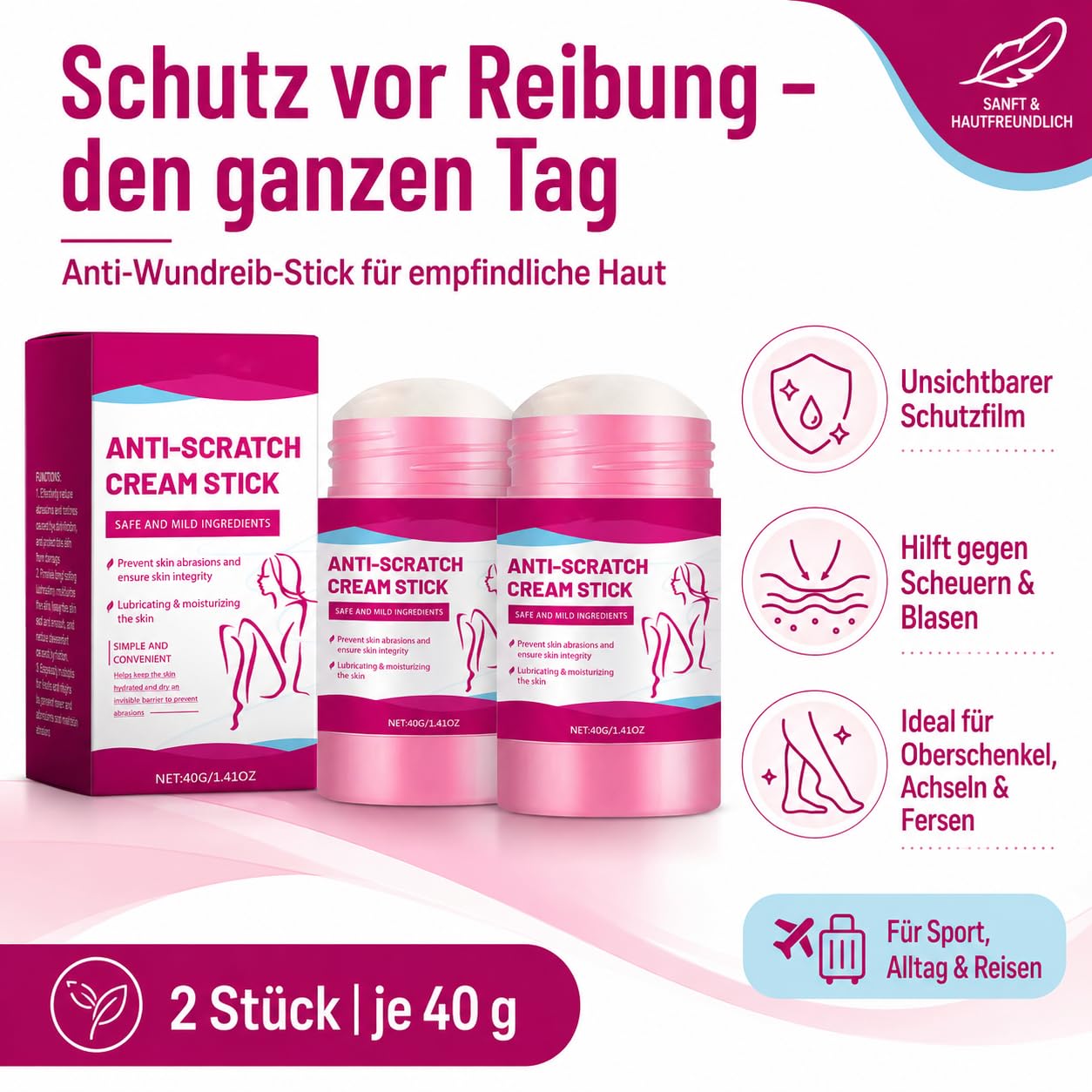 2 Stück Anti-Wundreib-Stick, Anti Chafing Stick, Anti-Chafing Balsam Stick - Reibungsschutz für Oberschenkel, Füße & Achseln - Pflege Stick für Sport, Reise & Alltag