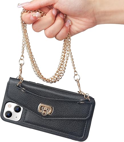LUVI Funda compatible con iPhone 13 con tarjetero para mujer con correa cruzada para el cuello, cordón, bolso de mano, correa de hombro de piel