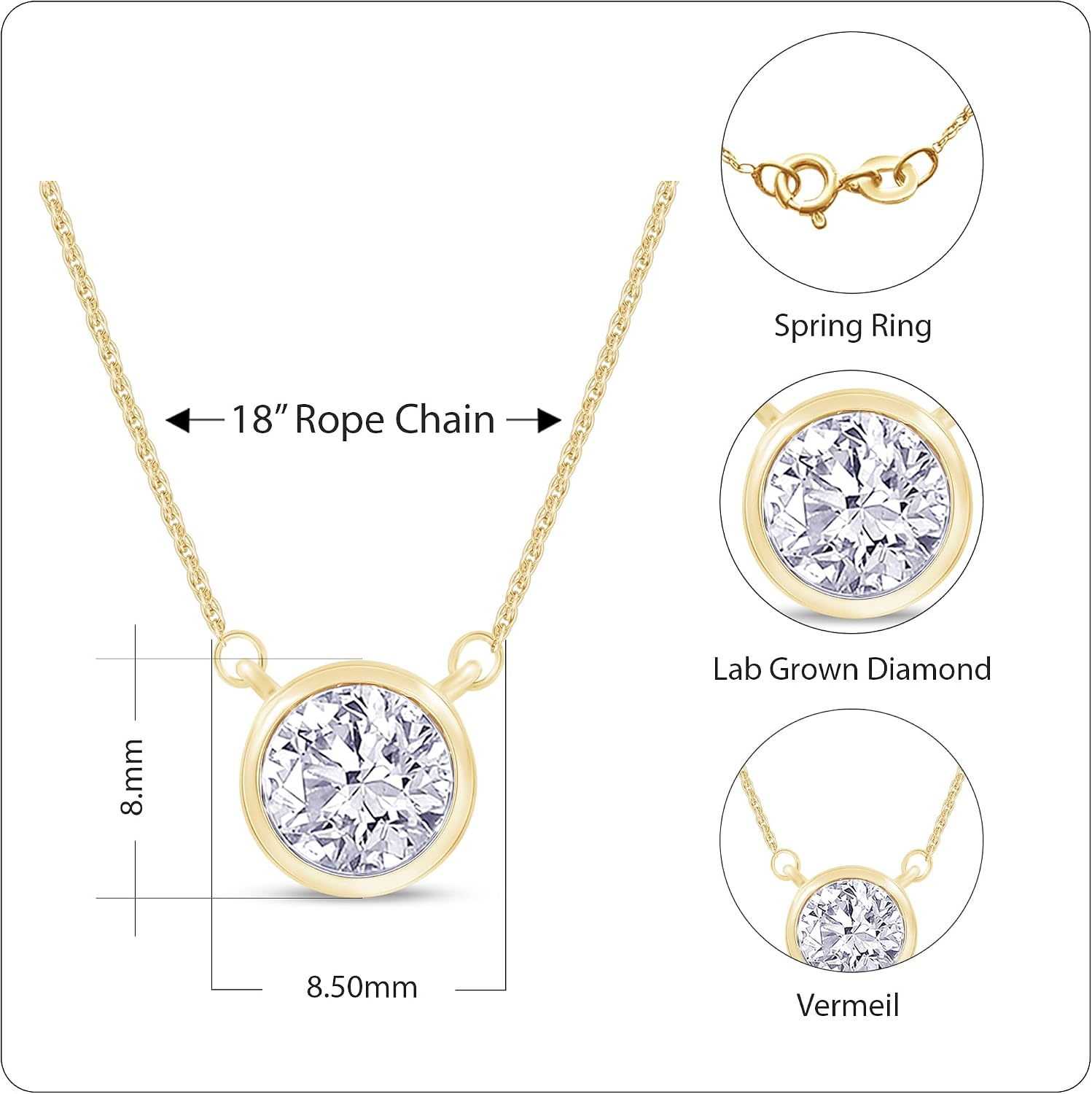 SAVEARTH DIAMONDS Solitaire Pendant Necklace for Women 1.00 Carat (ctw) 6.5mm Round Cut Lab Grown Diamond Pendant Necklace in 14K Gold Plated 925 Sterling Silver or Vermeil Jewelry
