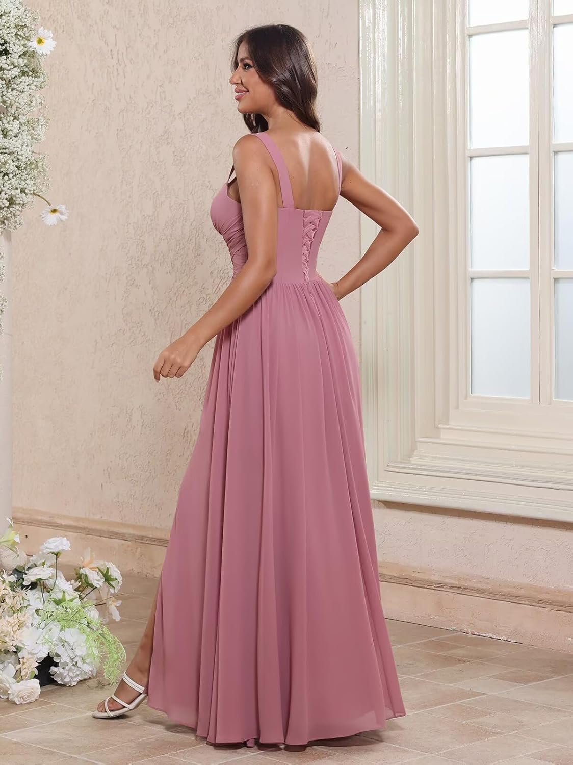 Chiffon Bridesmaid Dresses for Women Spaghetti Strap A-line Long Formal Wedding Guest Dress with Slit
