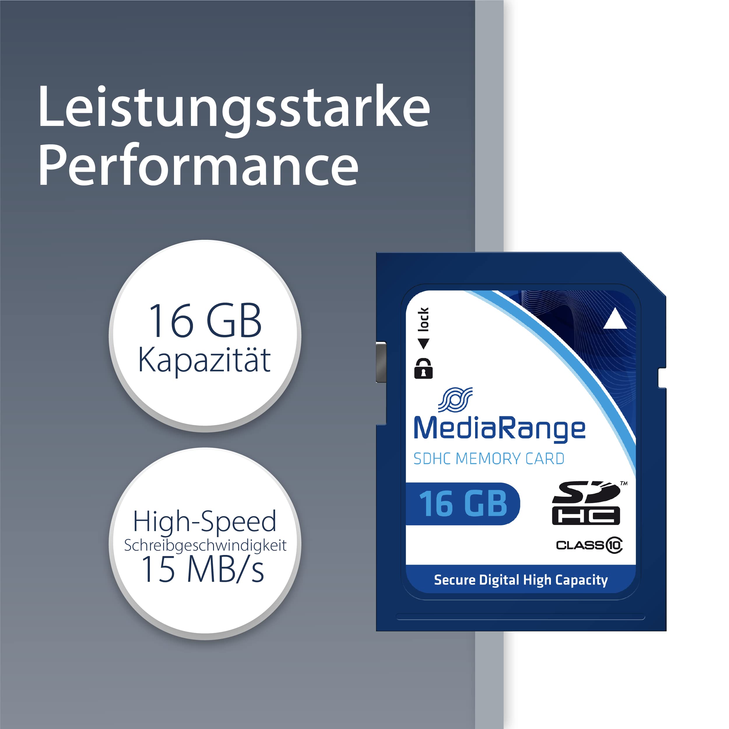 MediaRange SD Card 16GB SDHC CL.10 MR963, 16 GB, SDHC, Class 10, MR963 (MR963, 16 GB, SDHC, Class 10, 45 MB/s, 15 MB/s, Blue)