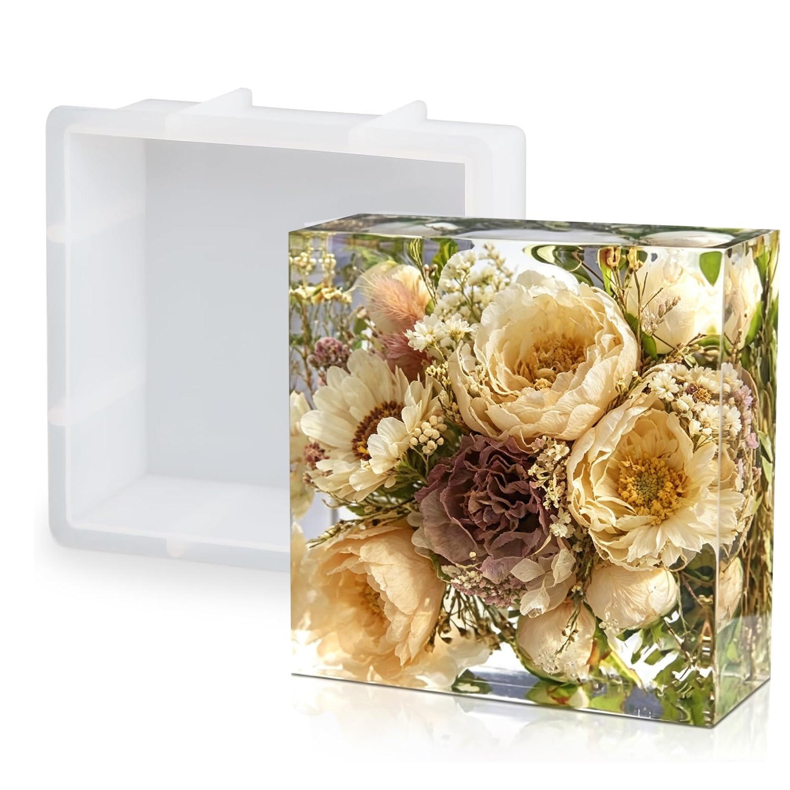 BDYLYS 16.5cm Large Square Resin Mould, Deep Silicone Casting Mould for Wedding Bouquet Flower Preservation, Reinforced Epoxy Molds for DIY Memorial Keepsake, Bookends, Home Decor