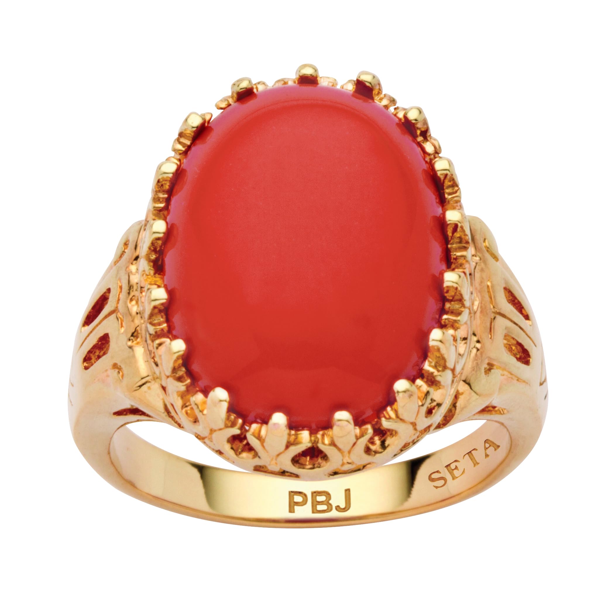 PalmBeach Yellow Gold-Plated Oval Shaped Simulated Orange Coral Cabochon Filigree Cocktail Ring Sizes 5-10