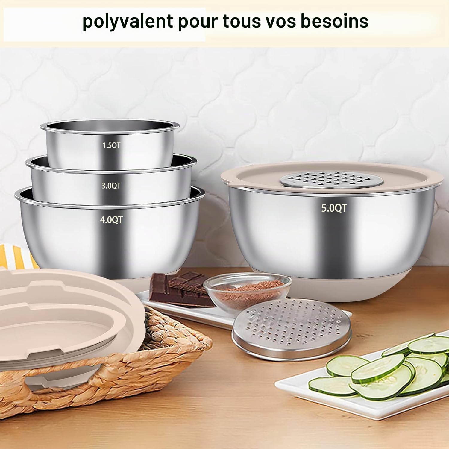 Terlulu Lot de 6 saladiers en acier inoxydable avec couvercle et fond en silicone, 3 embouts de râpe, 4,7 l/3,8 l/2,8 l/1,9 l/1,4 l/0,6 l, antidérapants et empilables, kaki
