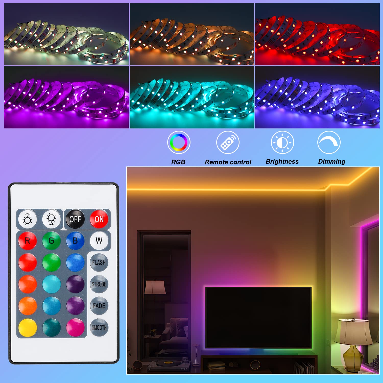 Sonnewelt Juego de tiras LED 30 M RGB, 5050, autoadhesivas, regulable, 12 V, con mando a distancia de 24 teclas, 16 colores, para habitaciones grandes, salón, techo e interior
