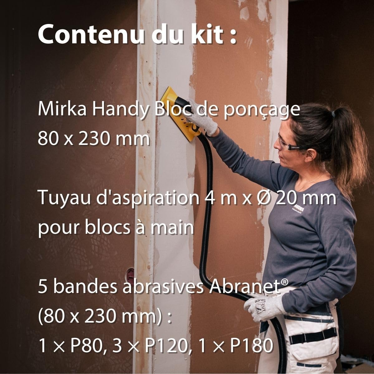 Mirka Handy Kit cale manuelle 80x230 mm avec 5 bandes Abranet autoagrippant | Ponçage sans poussière avec aspiration 4 m compatible Mirka Abranet auto-aggrippant pour finition bois carrosserie