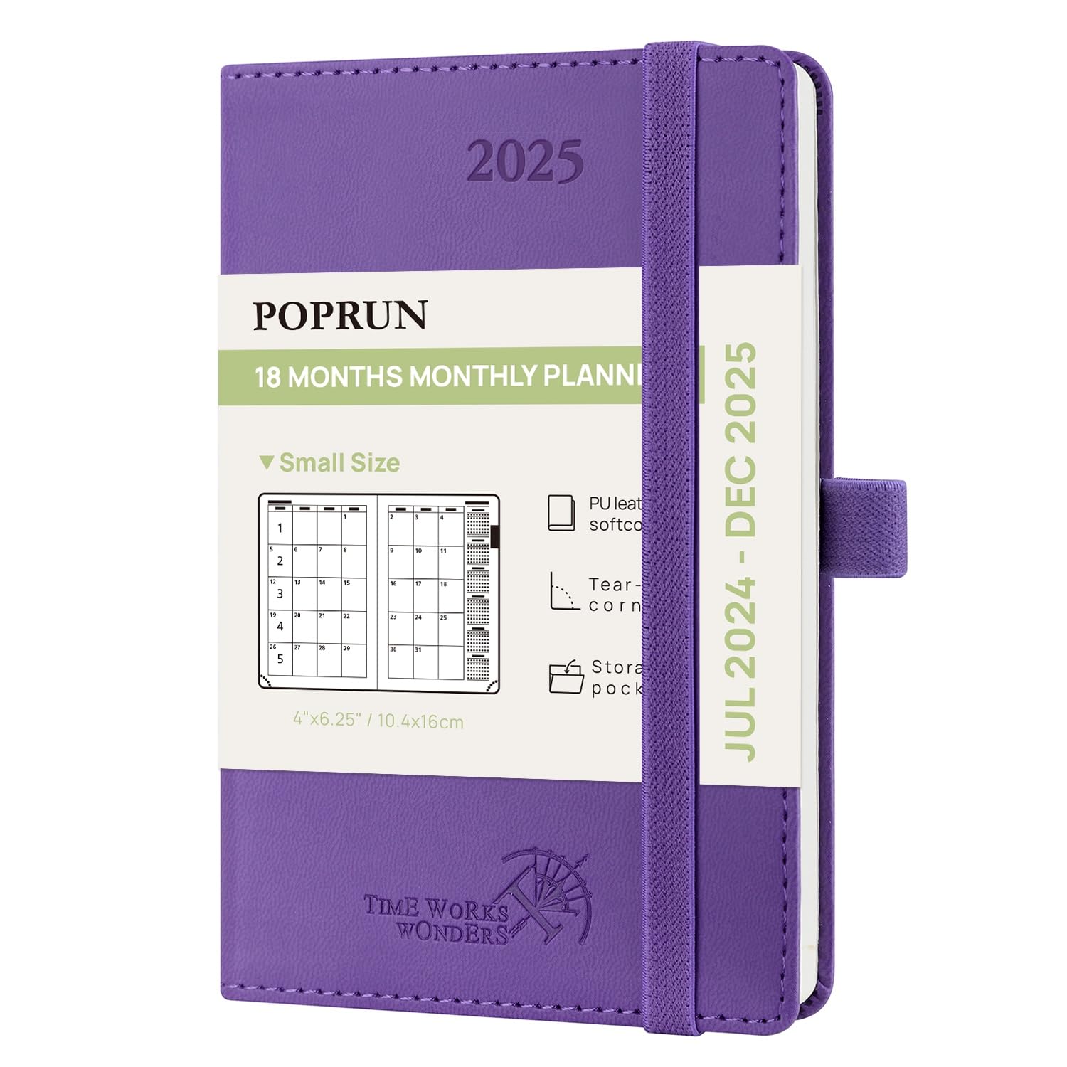 POPRUN Agenda 2024 2025 Mensual Pequeña 16 x 10,5 cm, 18 Meses de Jul.2024 a Dic.2025, Tapa Blanda, Banda Elástica, 100 GSM Papel, Violet