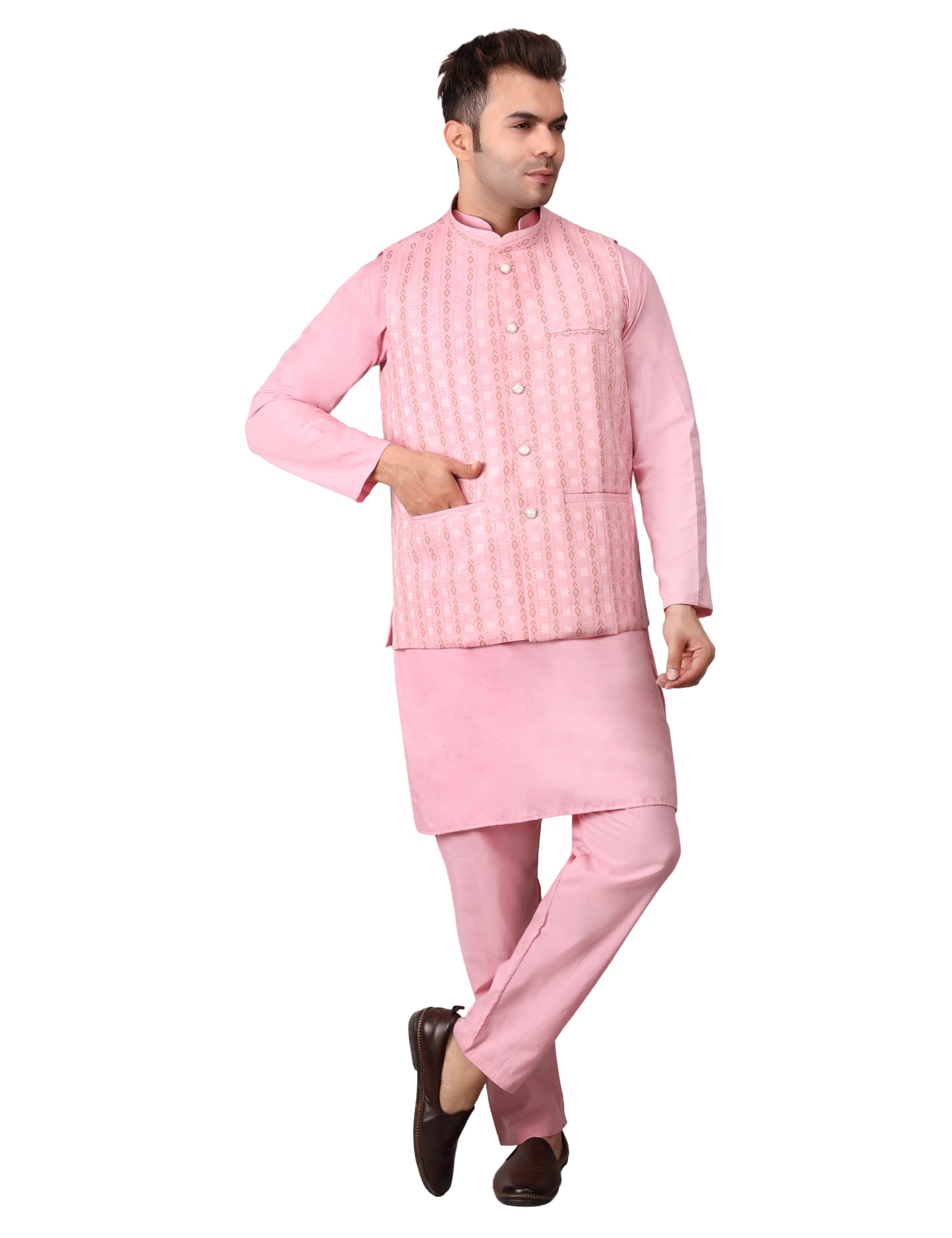 adarniya Men's Cotton Silk Blend Regular Kurta Pyjama, Embroidered Nehru Jacket/Waistcoat Set-picture-11