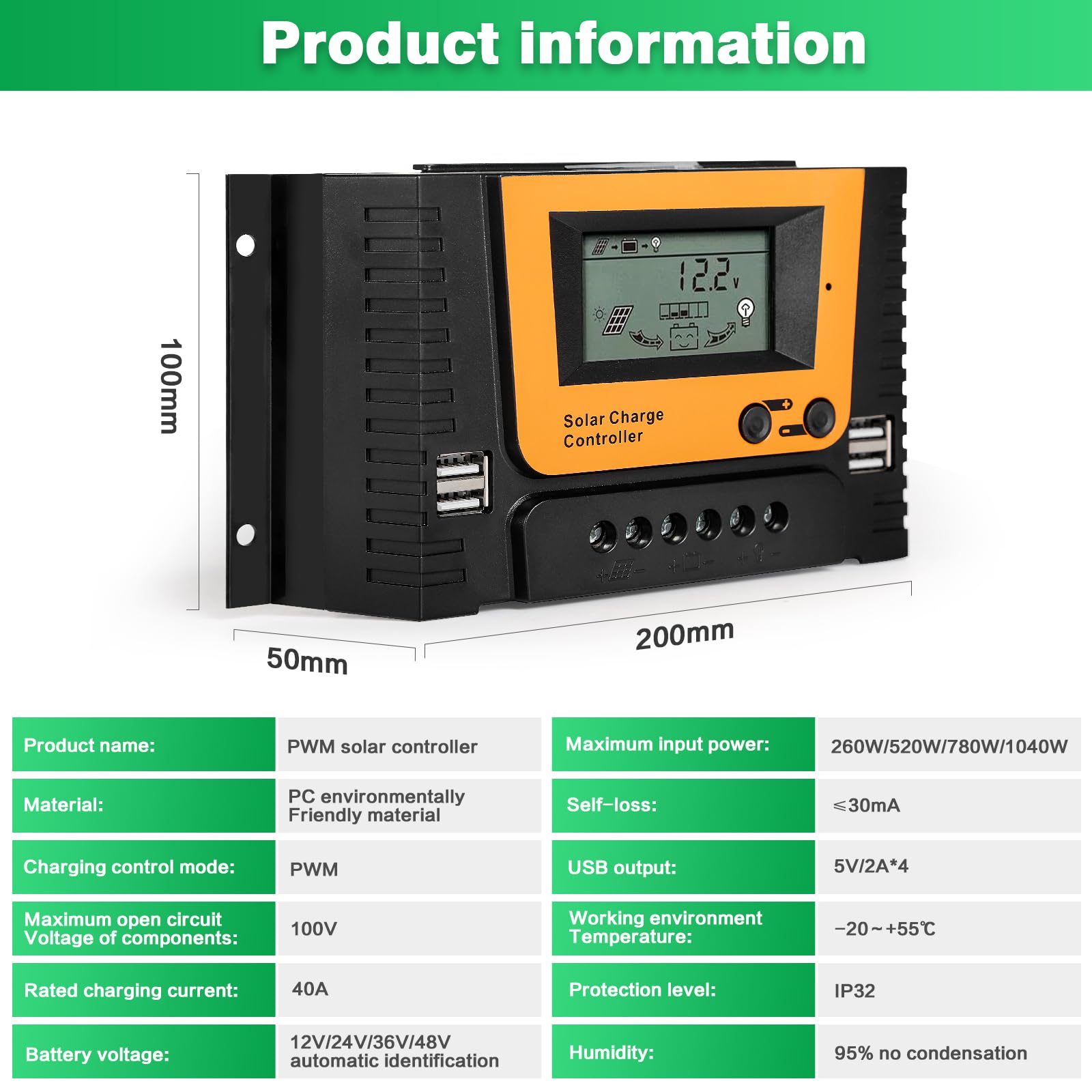 Regolatore Di Carica Solare Con LCD - 5V/2A USB, Per Pannelli 12V/24V/36V/48V, PWM - Foto 12