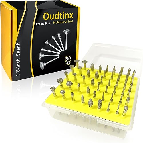 Miniatura 2 de Juego de 50 rebabas rotativas con mango de diamante de 1/8 pulgadas para herramientas rotativas Dremel, juego de rebabas de diamante para joyas,