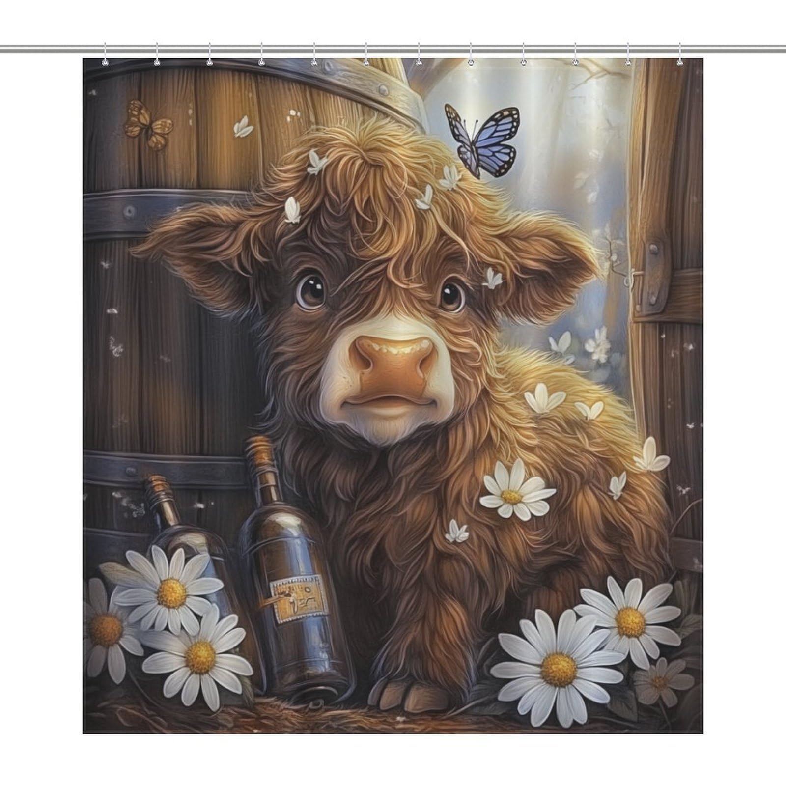 Rideau de douche lavable avec crochets motif vache marguerites papillons taille 183 x 183 cm