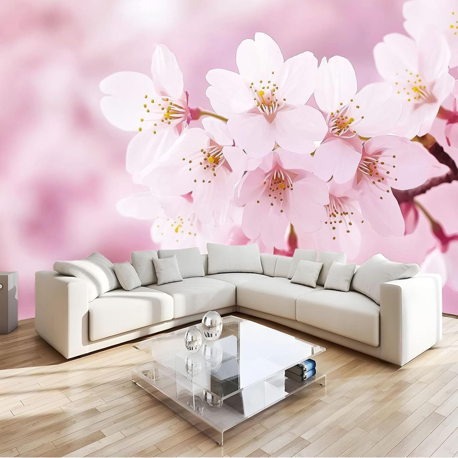 Kfjhgbdshhj 3D Mural Sakura Photo Wallpaper Pink Wallpaper Non-Woven Wall Decoration Wallpaper Decoration Study Room Living Room Restaurant Cafe Pink,150Cmx105cm