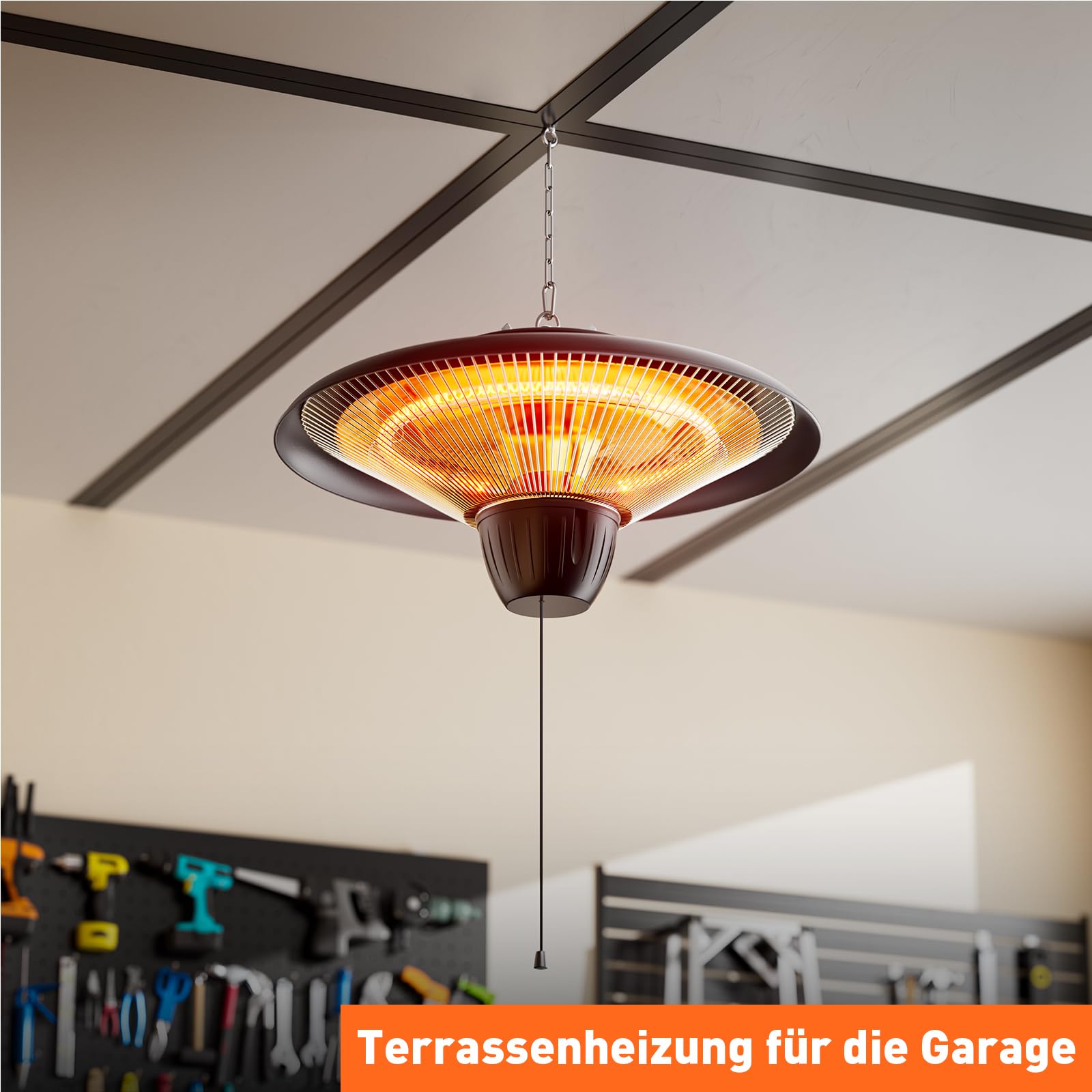 Elektrischer Infrarot Heizstrahler 1500W, Deckenheizung, Hängend für Terrasse & Balkon, Wasserdicht Elektrisch Terrassenstrahler für Innen & Außen, Schwarz