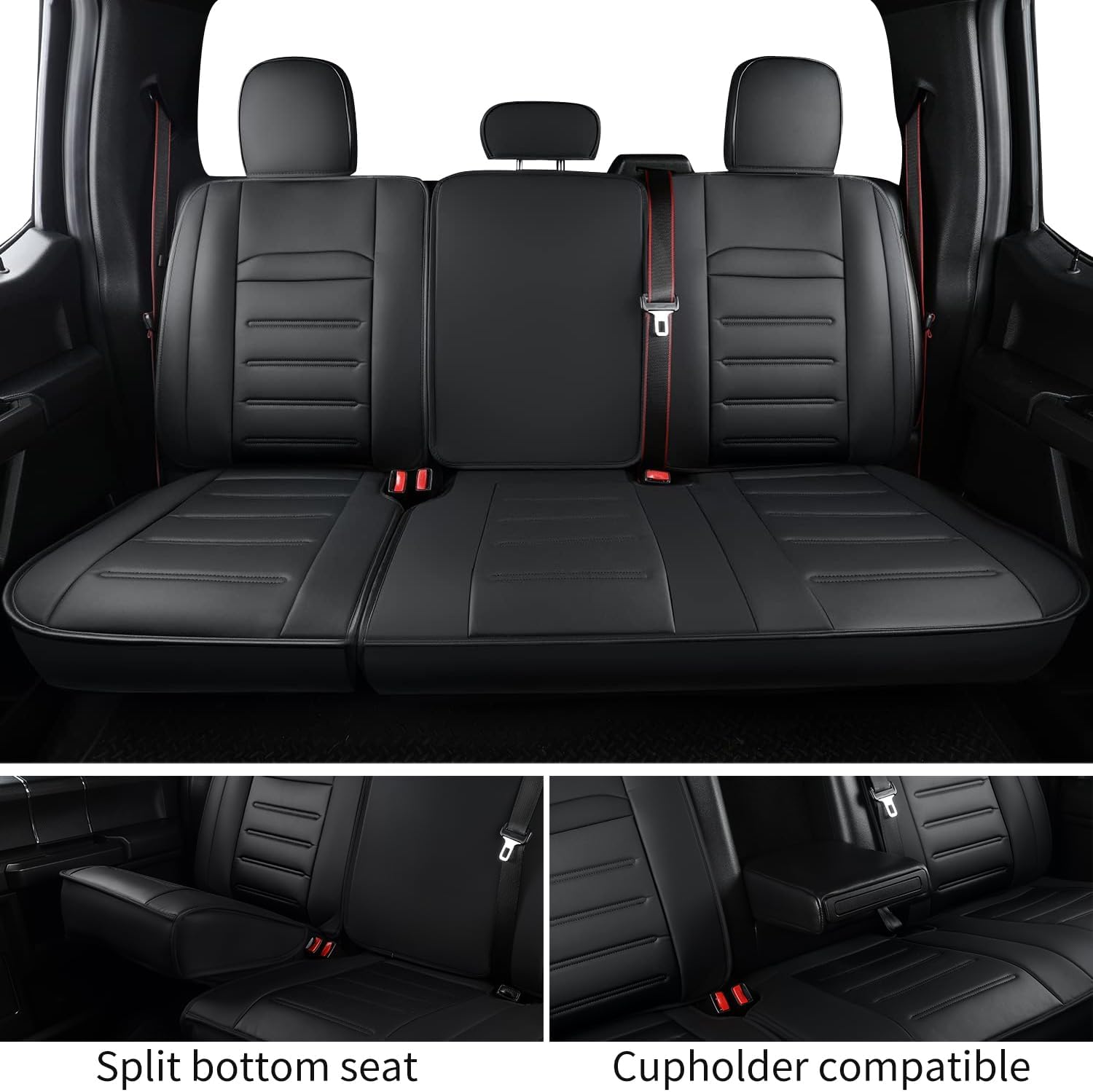 LUCKYMAN CLUB F150 Seat Covers fit for 2015-2024 2025 F150 SuperCrew, and 2017-2024 2025 F250 F350 F450 Super Duty Crew Cab with Faux Leather (Full Set, Black)