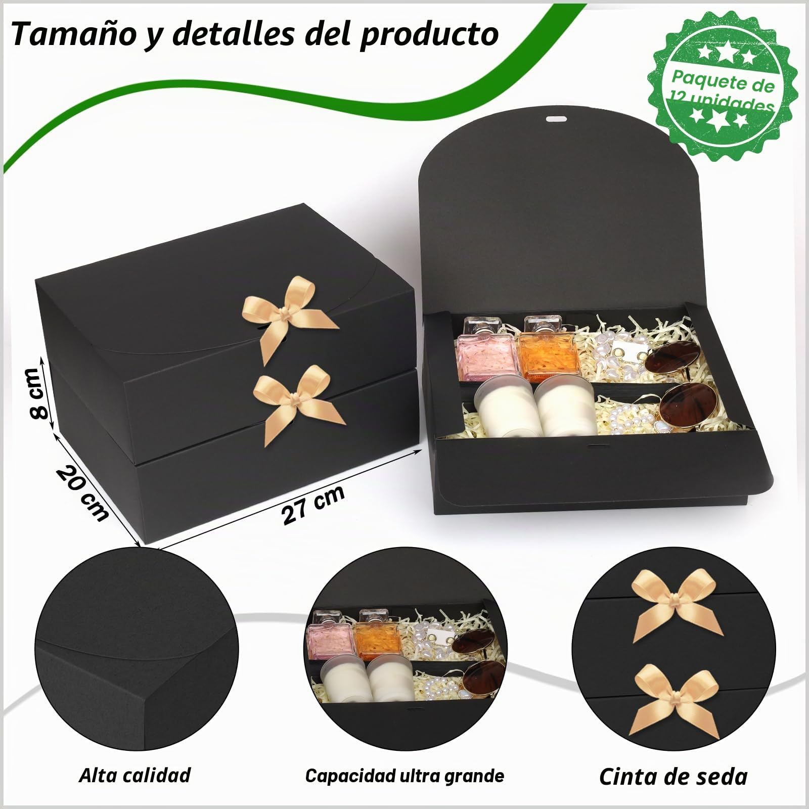 GXFCING 12 Cajas de Regalo Negra, 27 x 20 x 8 cm Plegable Cajas de Regalo Grande con Tapa, Caja Regalo Carton con Cinta de Satén Dorada para Bodas, Cumpleaños, Navidad y Fiestas