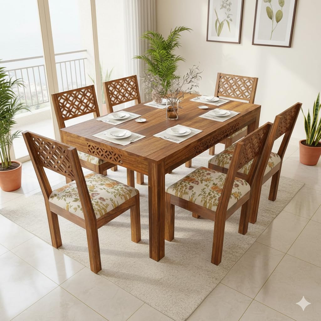 Sheesham Wood Dining Table(57x35) with 6 Chairs | 6 Seater Dining Set | 1 Year Warranty | Finish Color :- Honey Finish with Cushions -DIY(Do-It-Yourself)