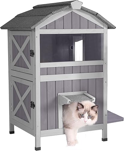 Aivituvin Cat House - Recinto para gatos para exteriores, resistente a la intemperie, refugio cálido para gatitos con balcón grande, puertas de