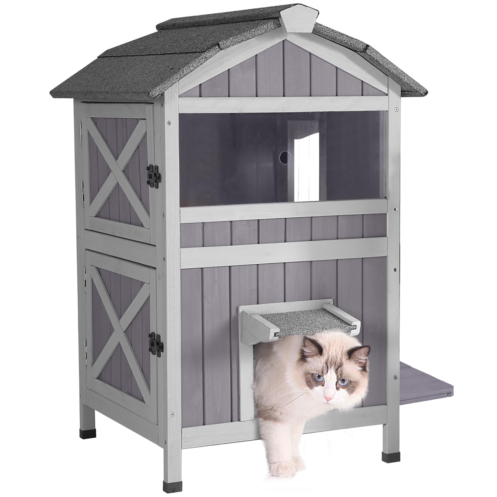 Aivituvin Cat House Outdoor Feral Cat Enclosure, Weatherproof Warm Kitty Shelter with Large Balcony, Escape Doors