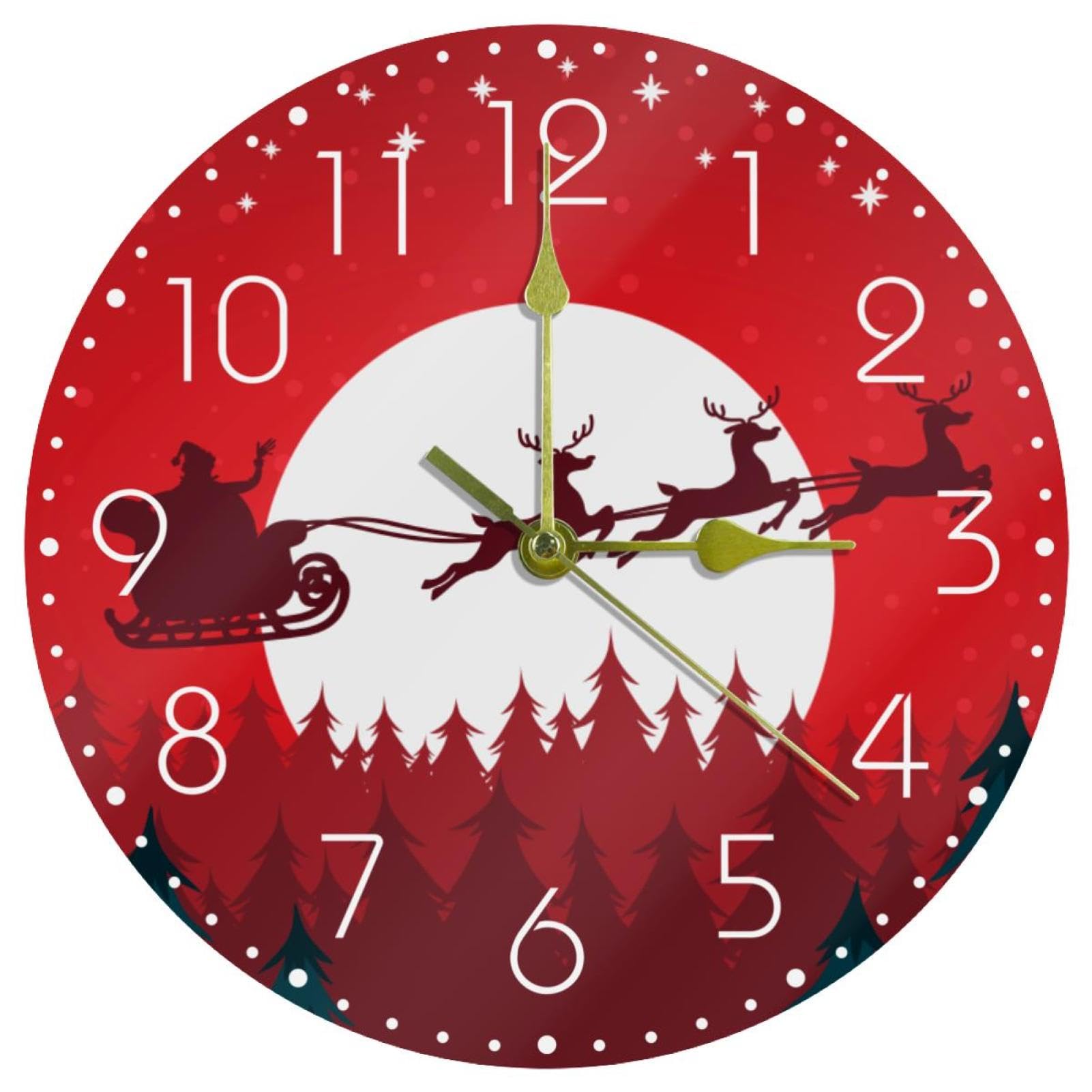 Horloge murale de Noël ronde silencieuse de 25,4 cm avec motif Père Noël pour décoration maison