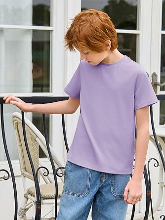 Haloumoning Boys T-Shirts, Short Sleeve Crewneck, 5-14 Years | Solid Basic, Casual Tops