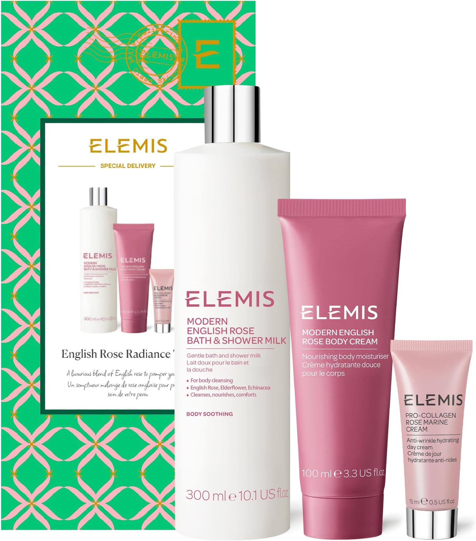 Elemis Limited Edition English Rose Body & Skincare Trio, Gift Collection, Spa Luxury Bath & Skin Pamper Hamper, Full Size Shower Milk, Body Cream & Travel Pro-Collagen Rose Marine Cream