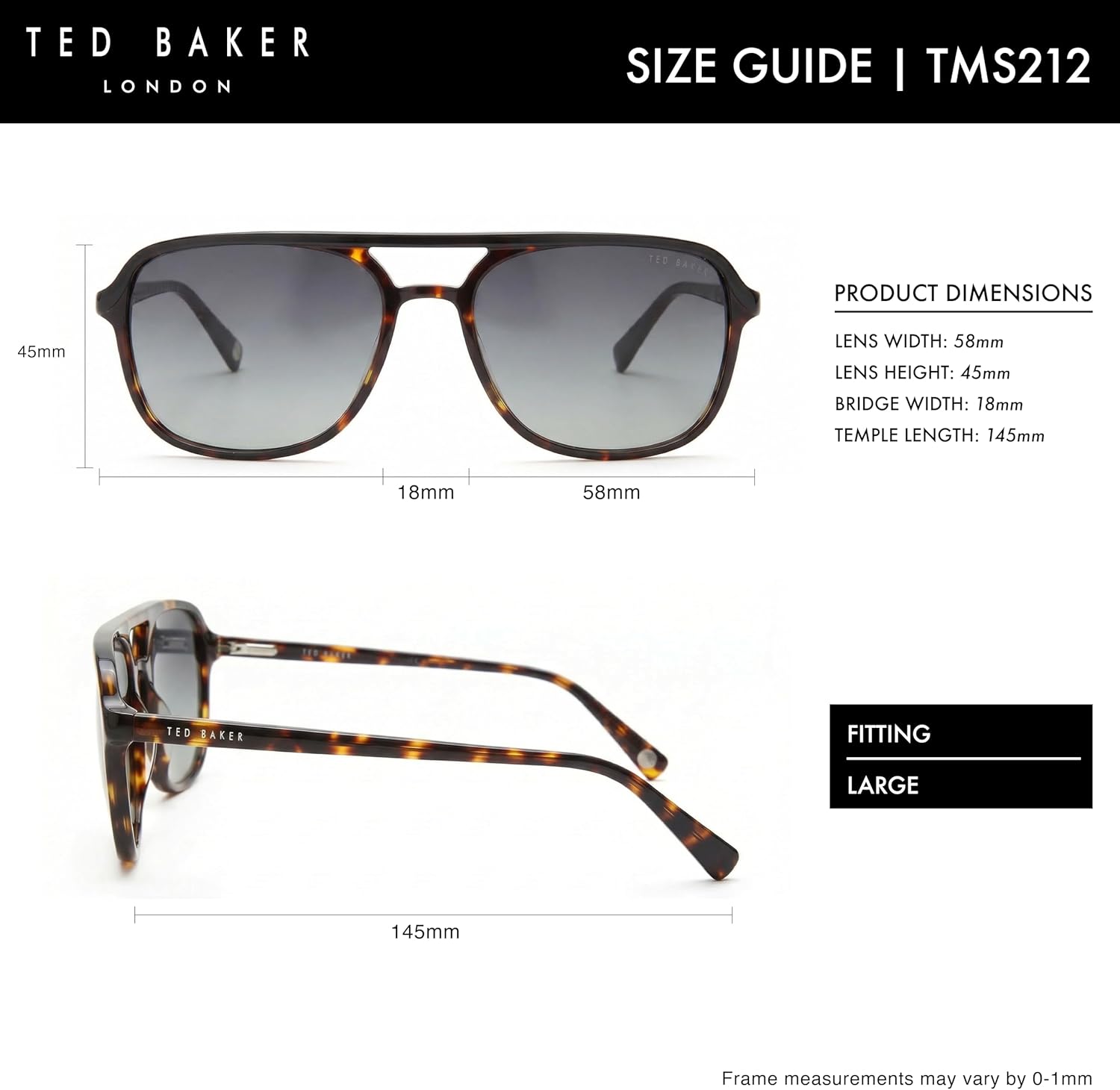Ted Baker TMS212 Men's Aviator Polarized Designer Sunglasses, UV400 Protection, 58 mm