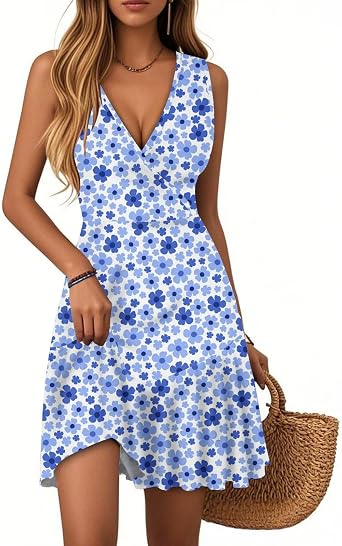Womens Summer Dresses Boho Floral Print V-Neck Sleeveless Lightweight Casual Beach Mini Sundress