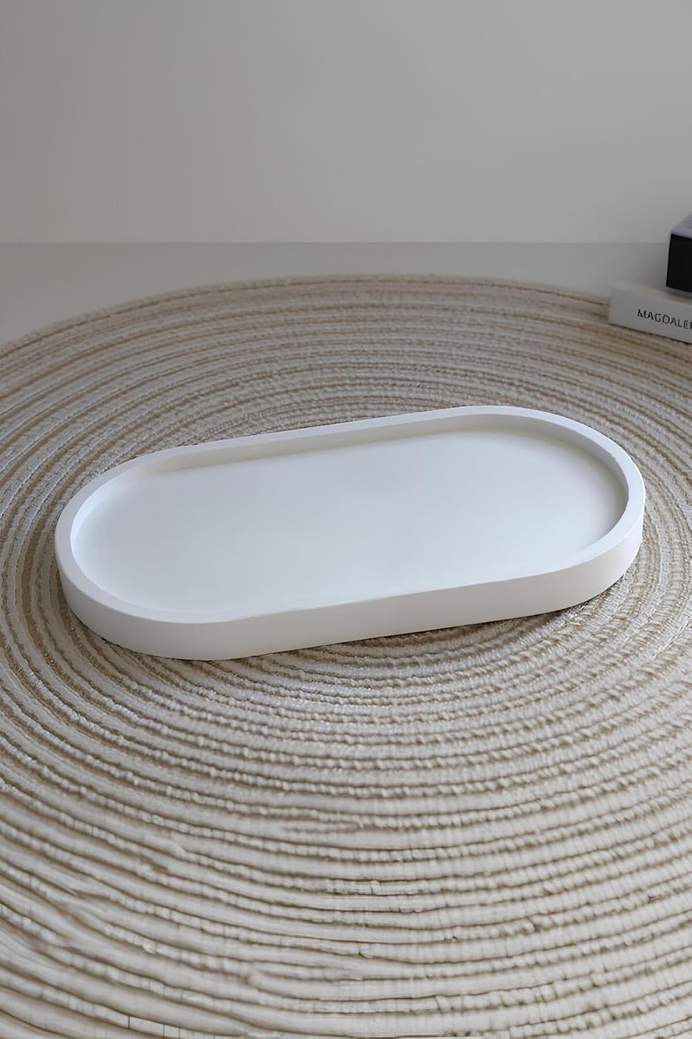 Minimalist White Concrete Oval Tray | Handmade Jewelry, Key, and Accessory Organizer | Modern Decor for Home & Office | 7.5 x 3.6 inches - White